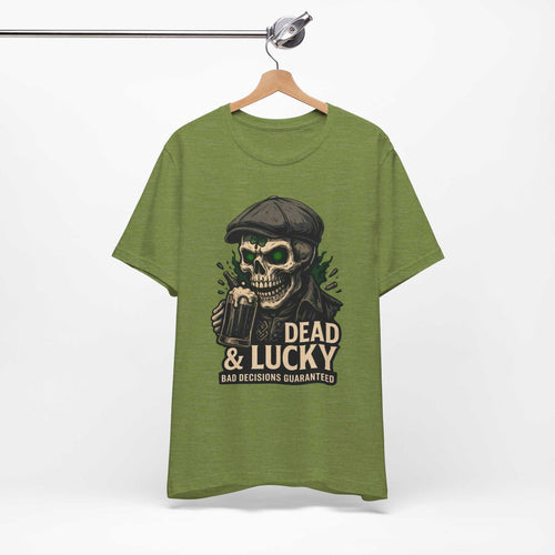 Dead & Lucky Skull Tee with grinning skull graphic and bad decisions text on lightweight breathable cotton shirt