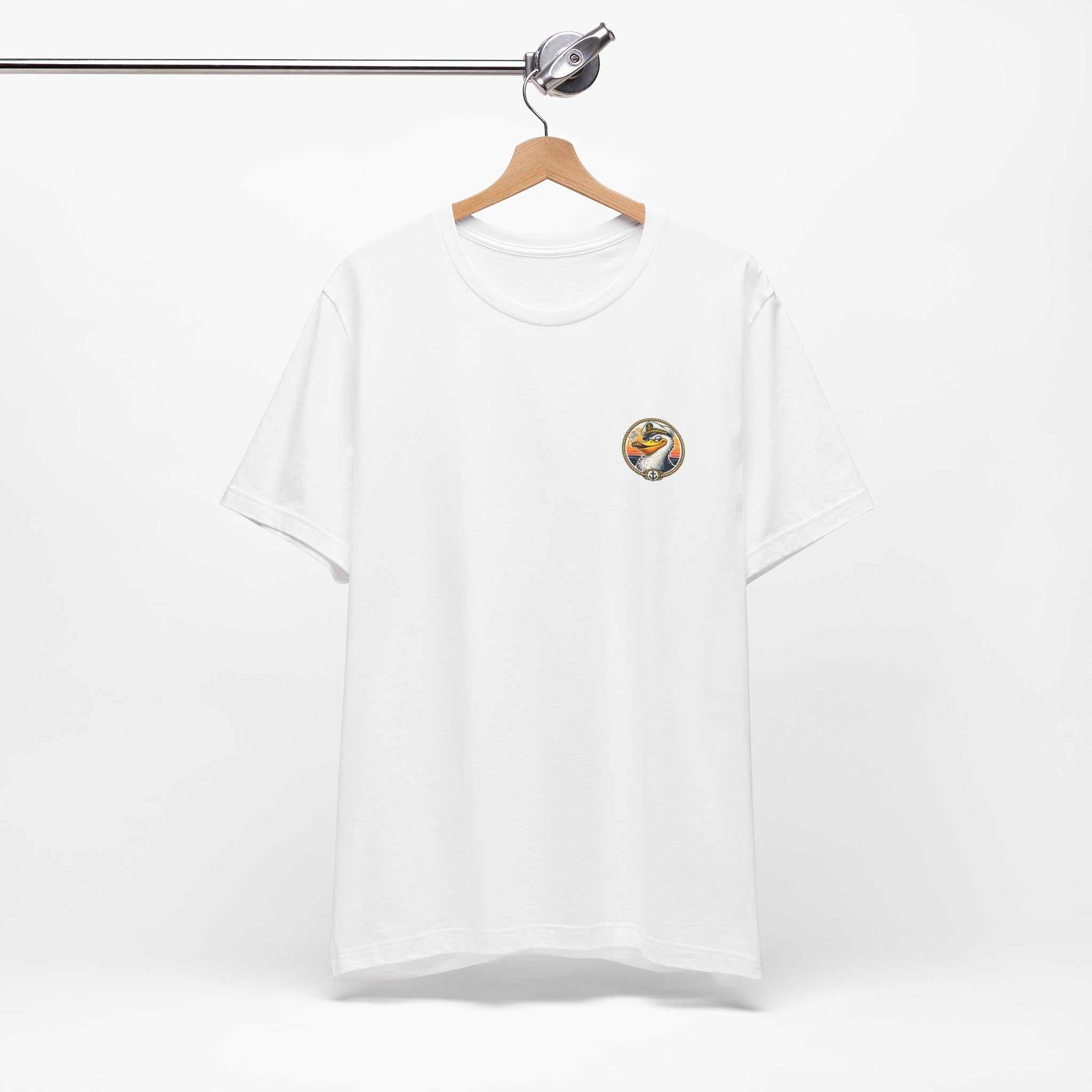 T-Shirt — Retro Pelican on Inflatable Tube Graphic Tee (Beach Vacation, Tropical Sunset)