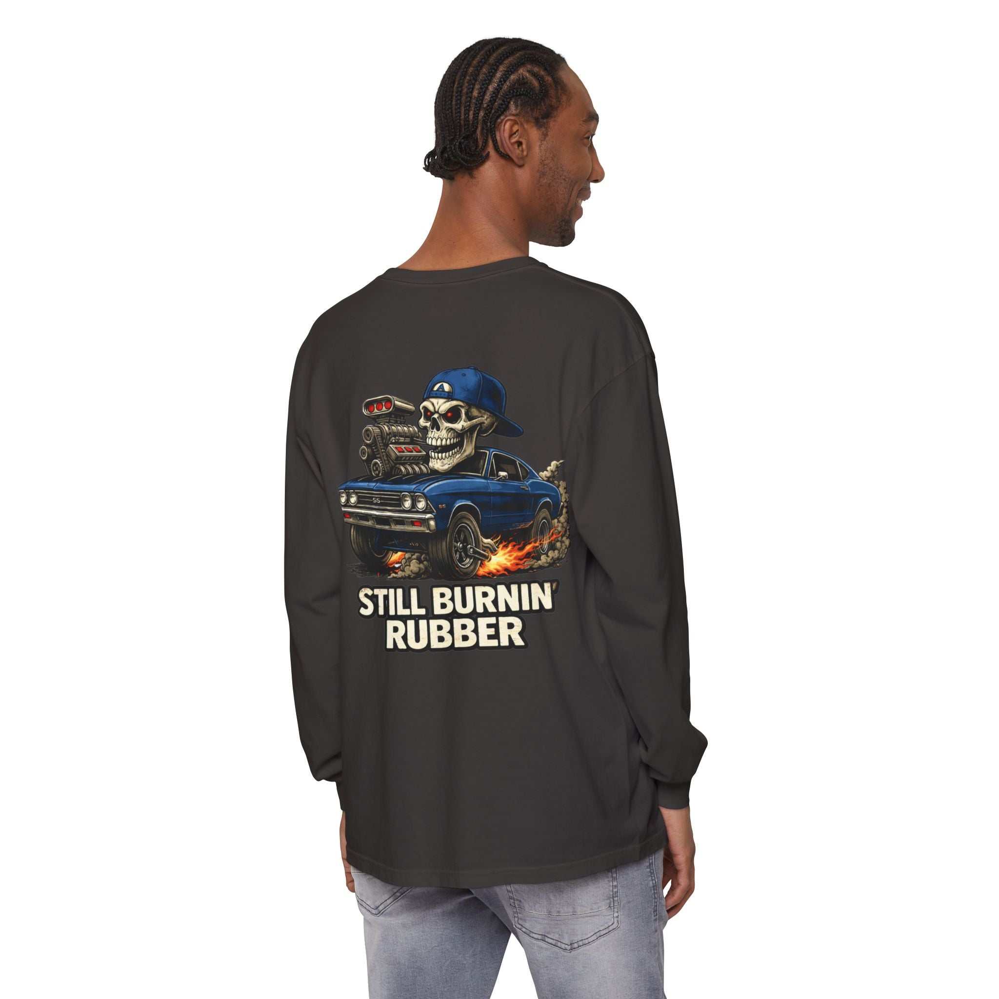 Still Burnin' Rubber Long Sleeve Tee — Retro Skull Muscle Car Graphic