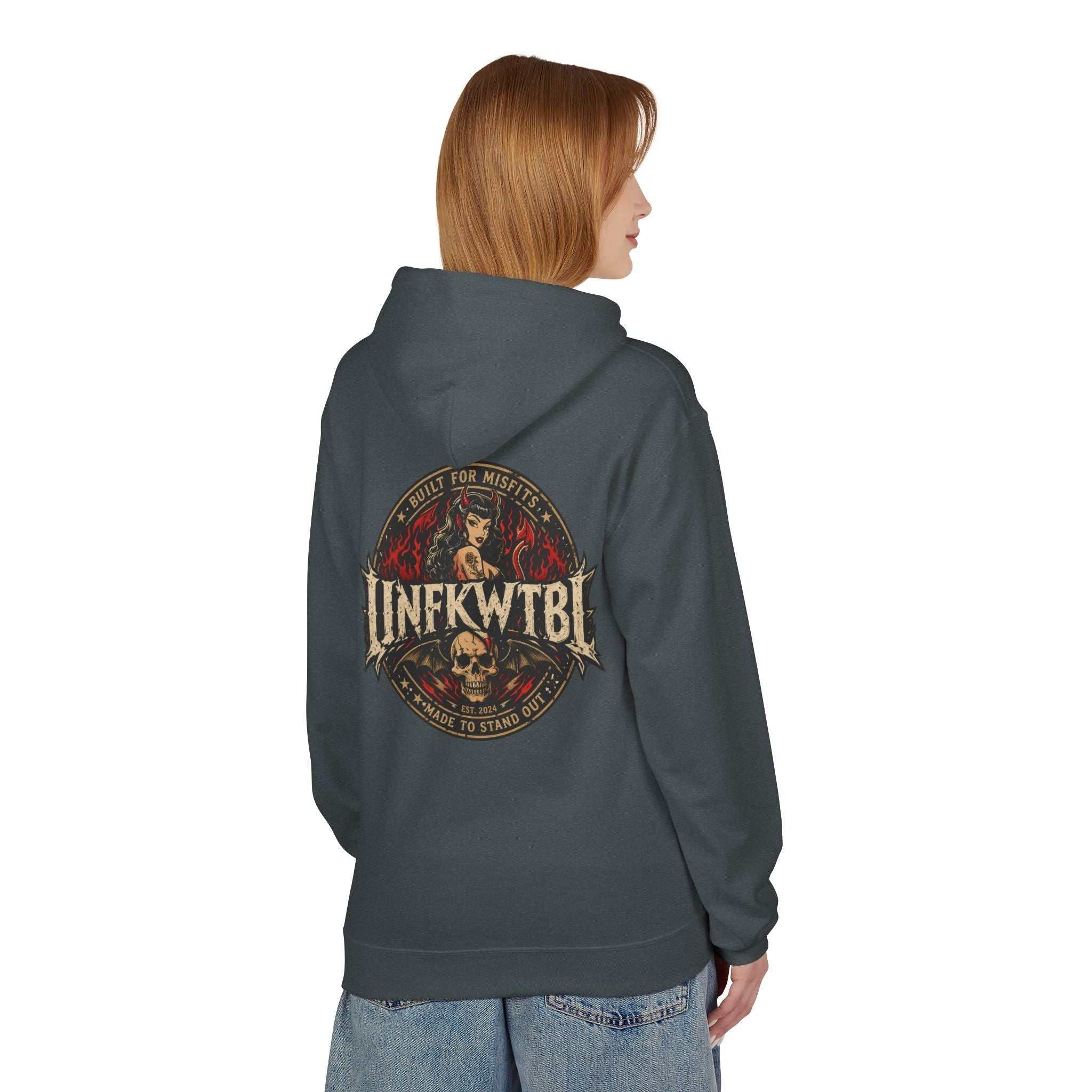 Vintage biker aesthetics hoodie with skull band emblem and gothic design