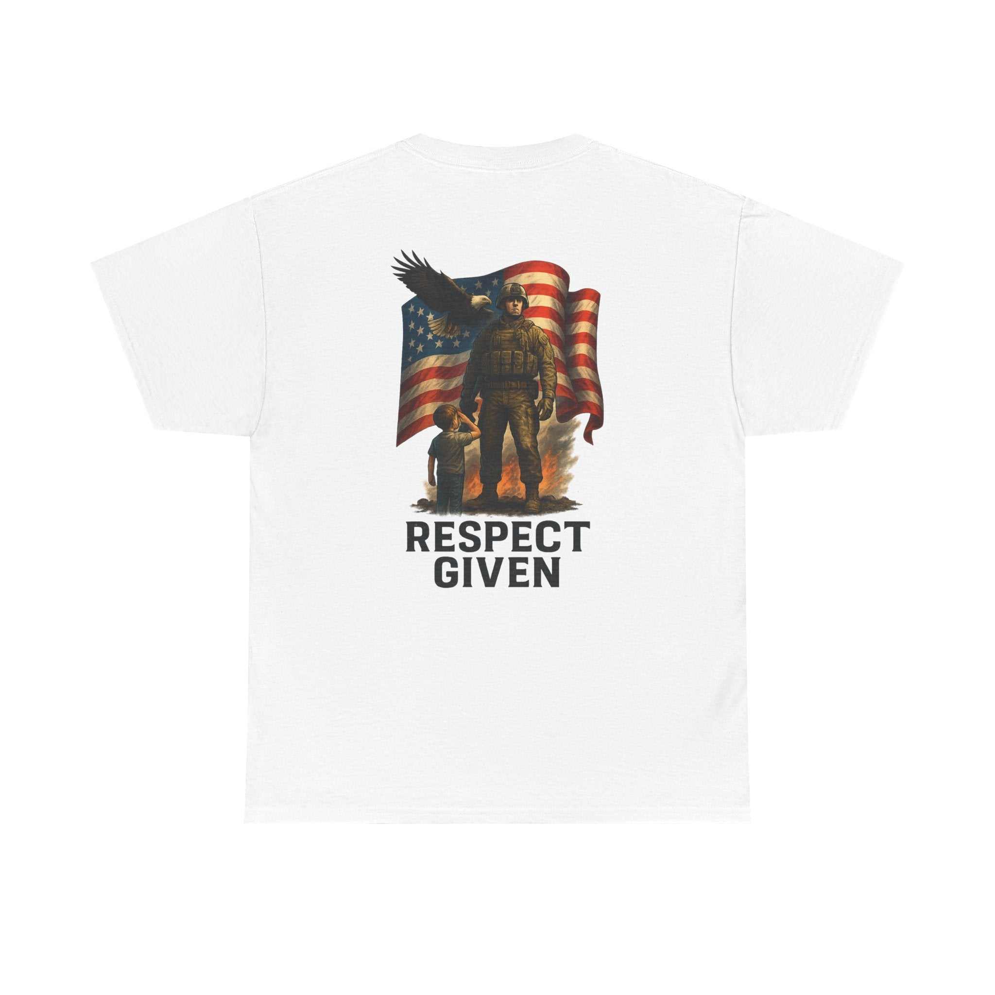 Respect Given Unisex Tee featuring soldier graphic and American flag on back with small skull emblem on front, made of 100% cotton