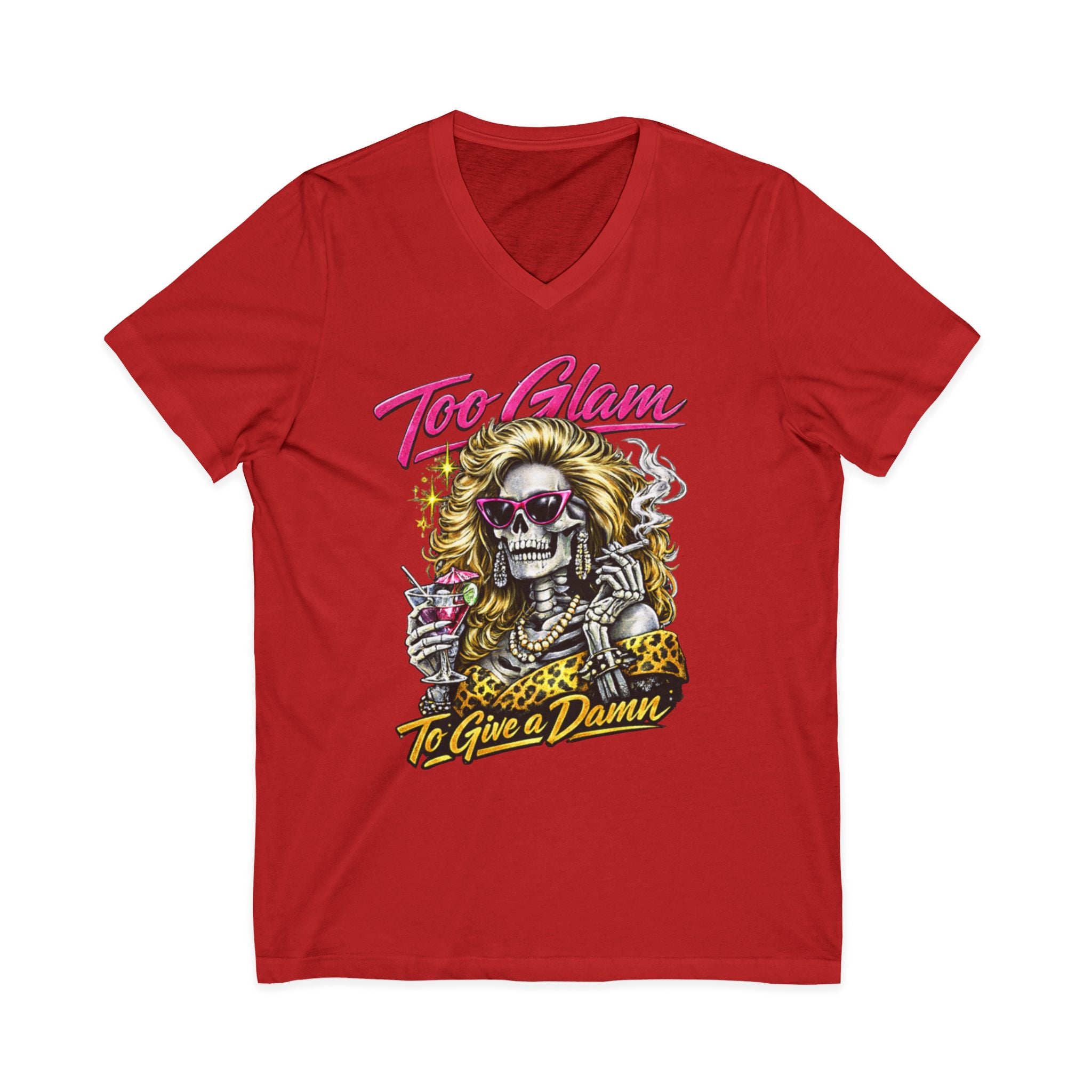 Too Glam To Give a Damn Skull Tee — Retro Glam Rock V-Neck Shirt
