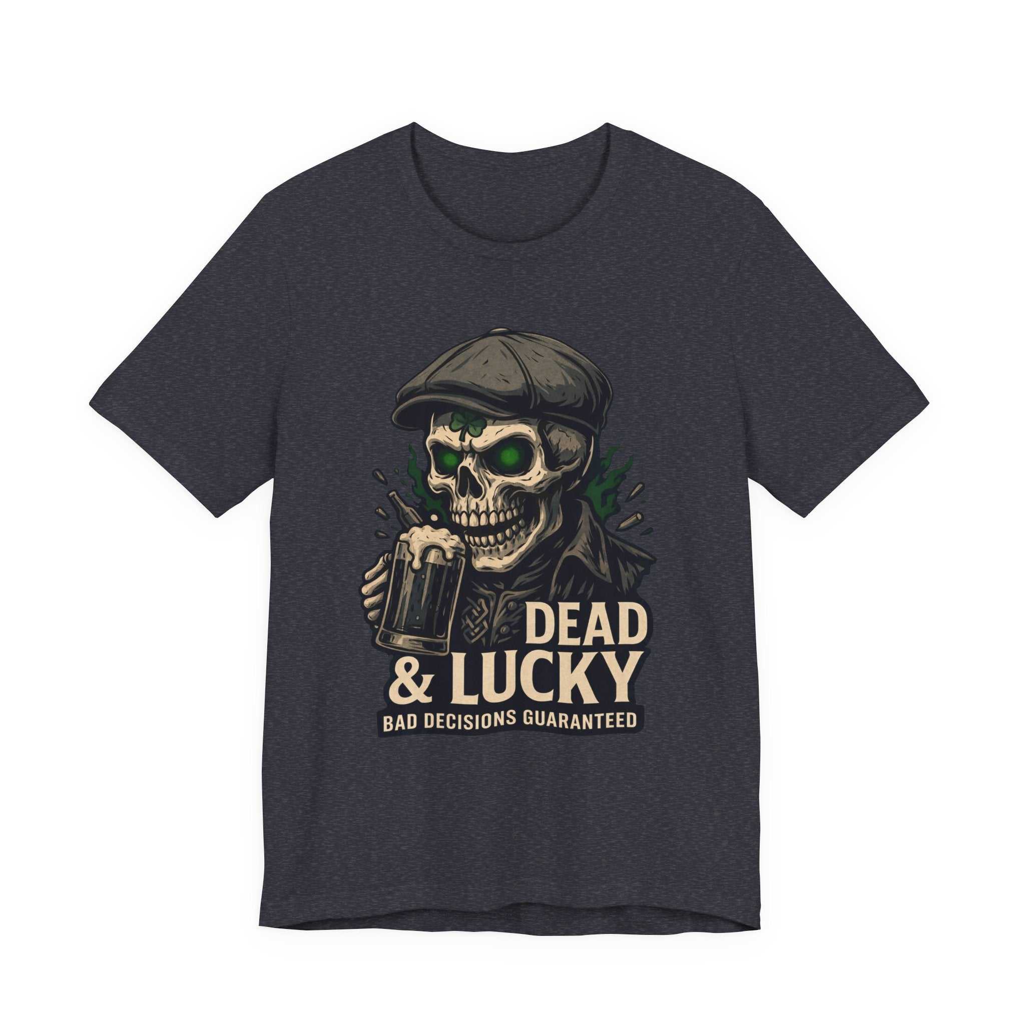Dead & Lucky Skull Tee with grinning skull graphic and bold text on lightweight cotton shirt
