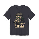 Dead & Lucky Skull Tee with grinning skull graphic and bold text on lightweight cotton shirt