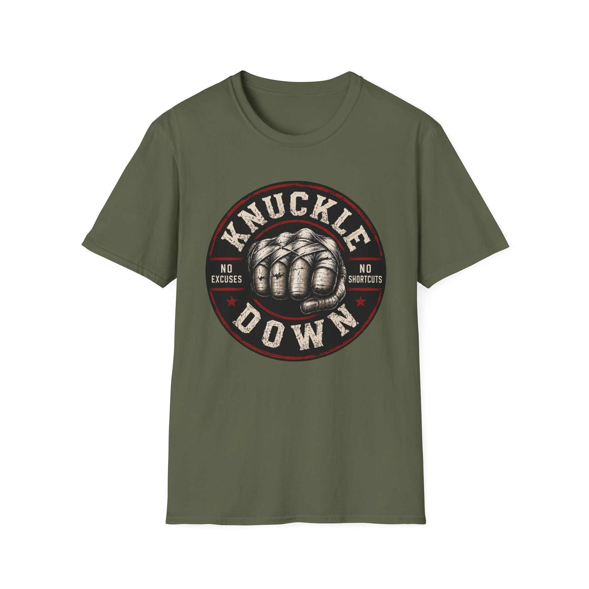 T-Shirt — Knuckle Down Vintage Fist Design (No Excuses, No Shortcuts)