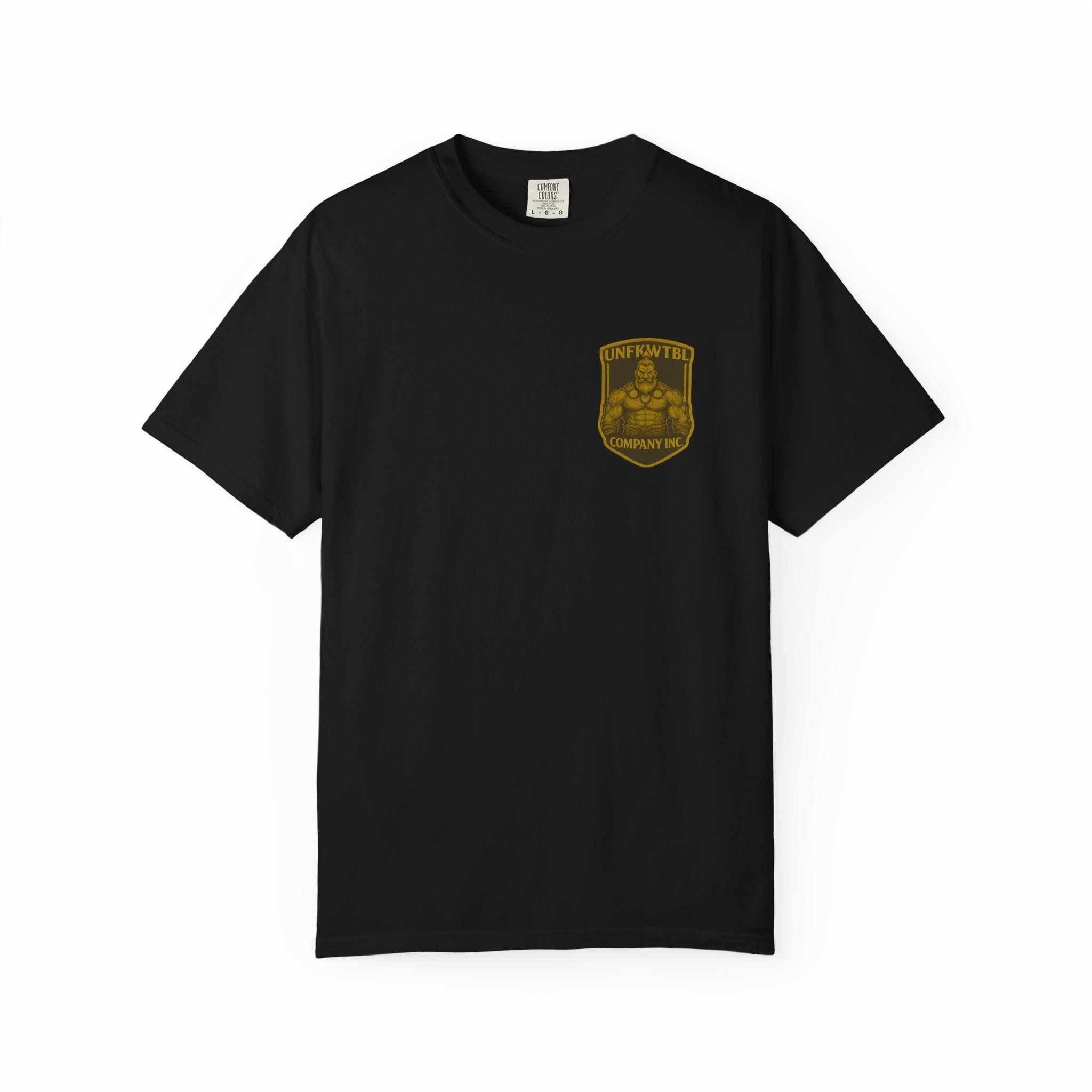 Black unisex Creeper's Crawl T-shirt with vintage-inspired garment-dyed fabric and small graphic print on chest