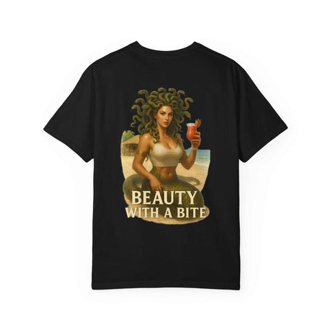 Black unisex Medusa Beauty T-shirt with a graphic of Medusa holding a strawberry daiquiri and text "Beauty with a Bite"