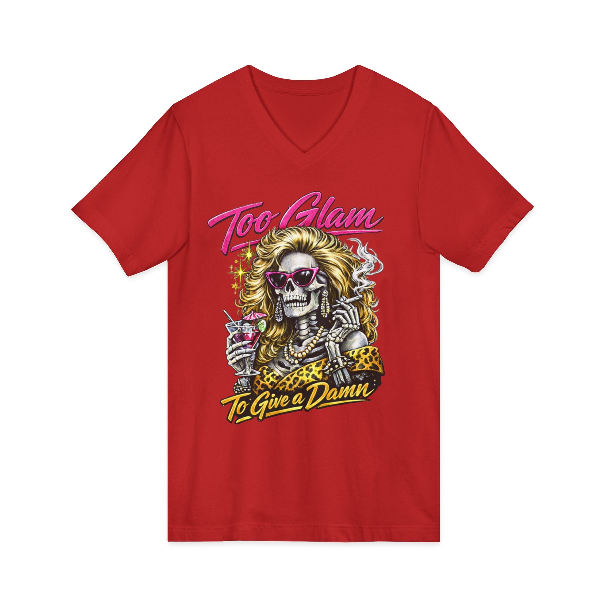 Too Glam To Give a Damn Skull Tee — Retro Glam Rock V-Neck Shirt