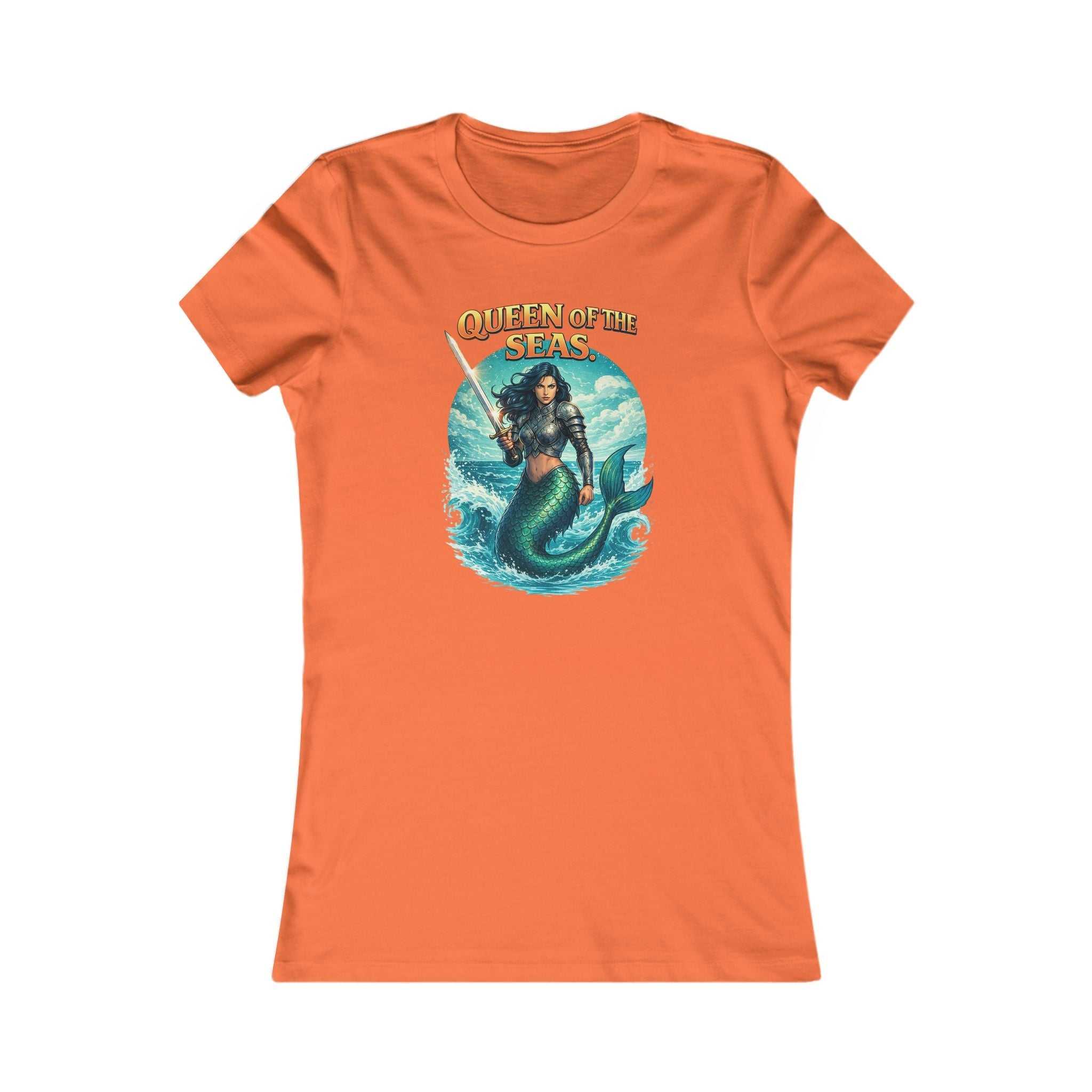 Queen of the Seas Women's Tee featuring a fierce mermaid warrior graphic with trident and ocean waves on slim, lightweight cotton shirt