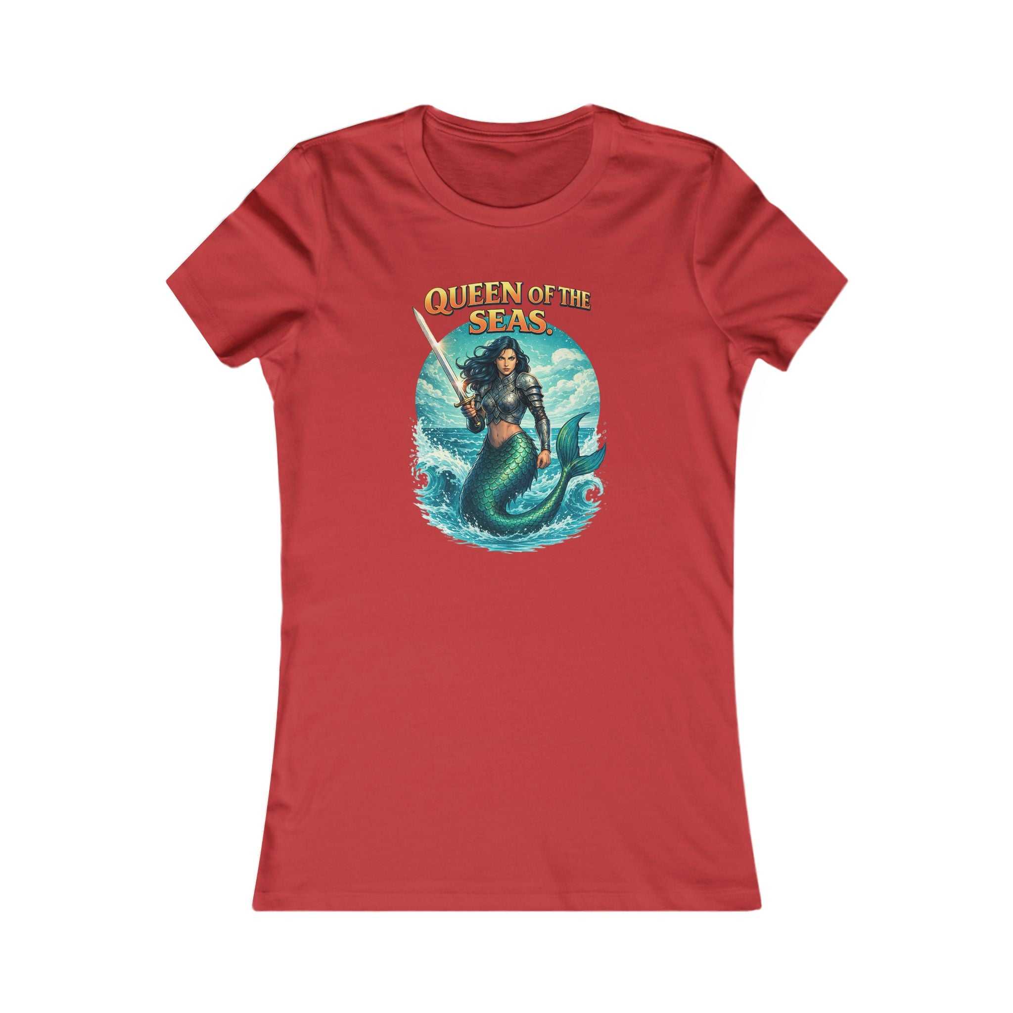 Queen of the Seas Women's Tee featuring mermaid warrior graphic and slim fitted design