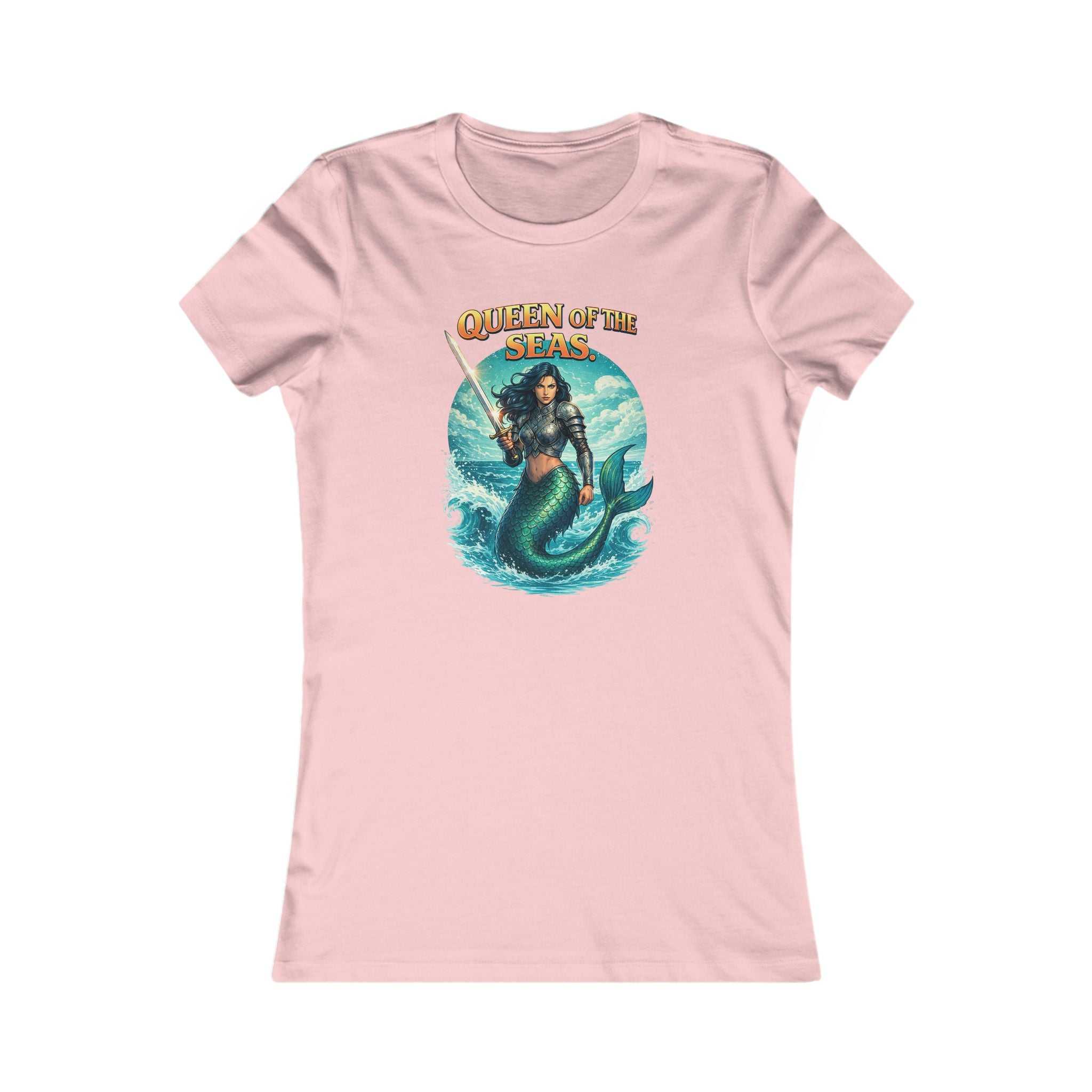 Queen of the Seas Women's Tee featuring fierce mermaid warrior graphic on slim, lightweight cotton shirt