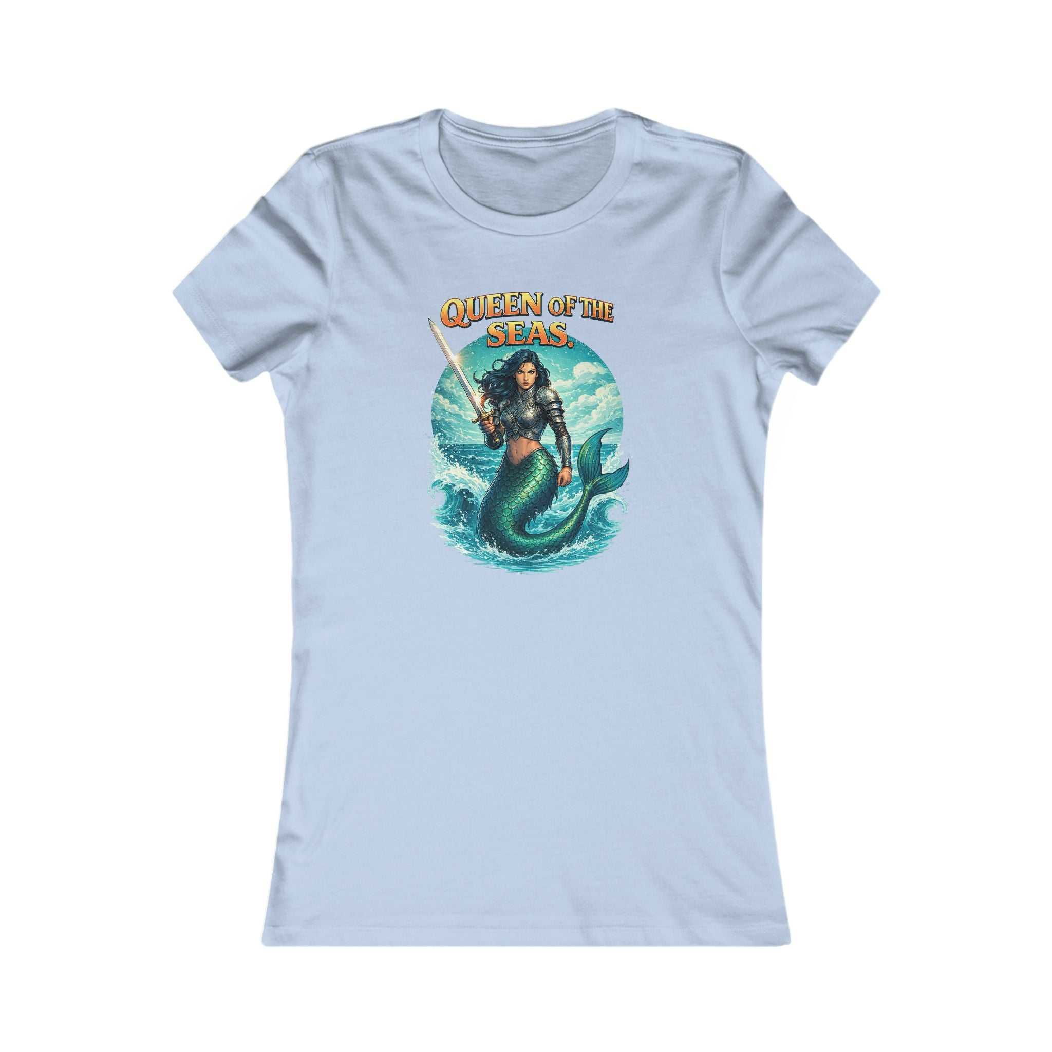 Queen of the Seas Women's Tee with mermaid warrior graphic and slim fit design