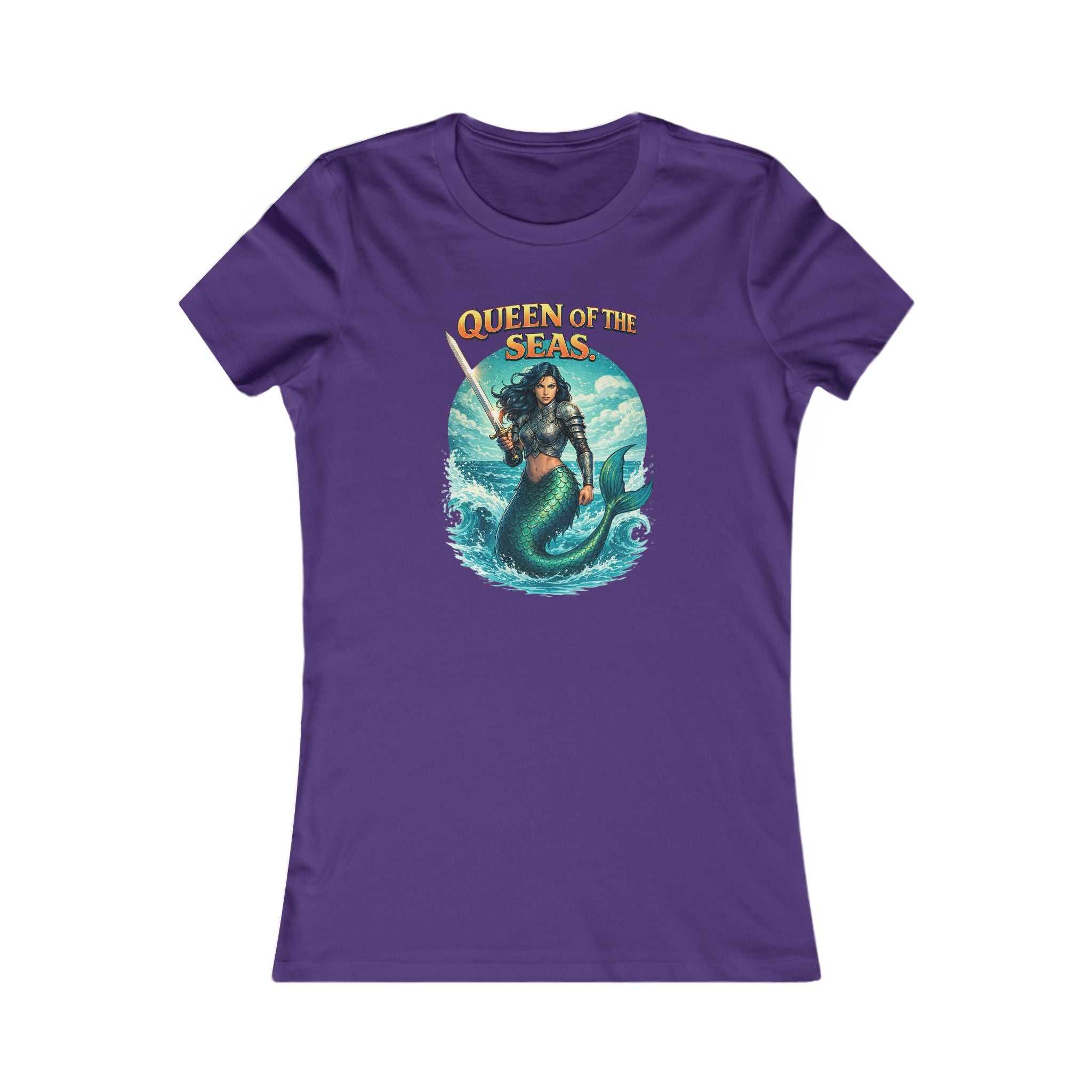 Queen of the Seas Women's Tee featuring fierce mermaid warrior graphic and slim fit design