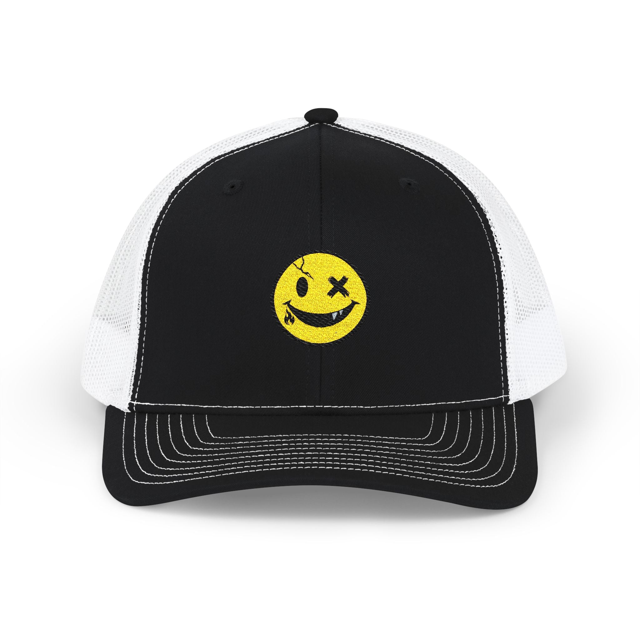 Smiley Winky Trucker Hat — Embroidered Distressed Yellow Smiley Snapback