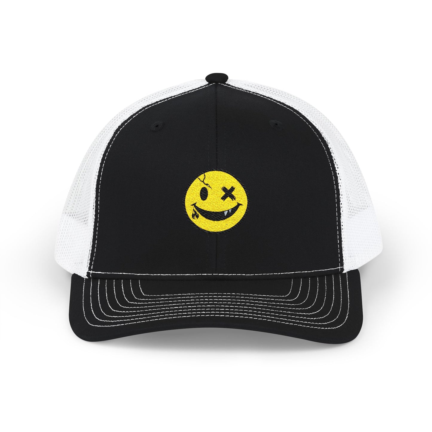 Smiley Winky Trucker Hat — Embroidered Distressed Yellow Smiley Snapback