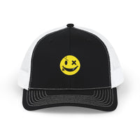 Smiley Winky Trucker Hat — Embroidered Distressed Yellow Smiley Snapback