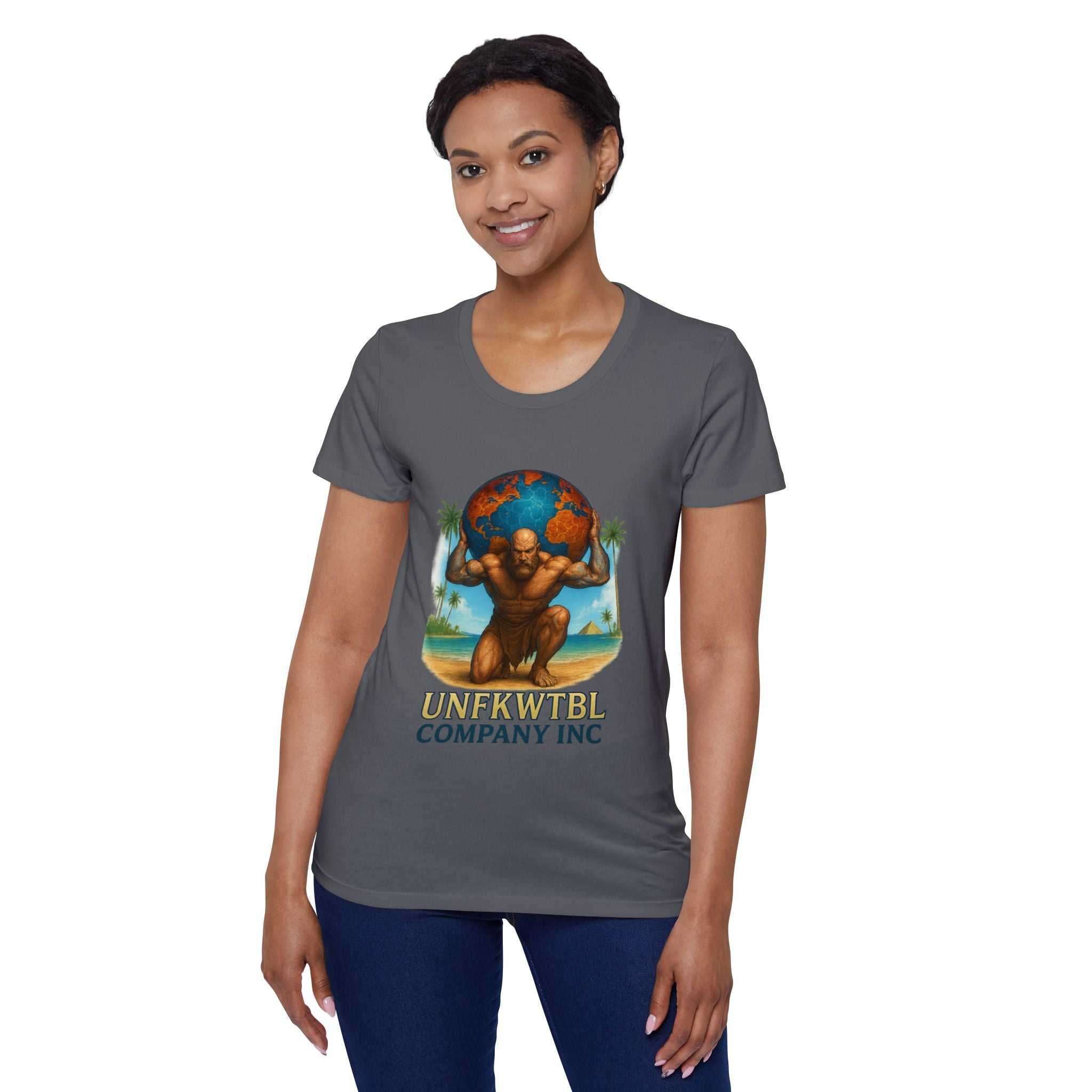 Woman wearing gray Women's Organic T-Shirt with UNFKWTBL design holding globe illustration