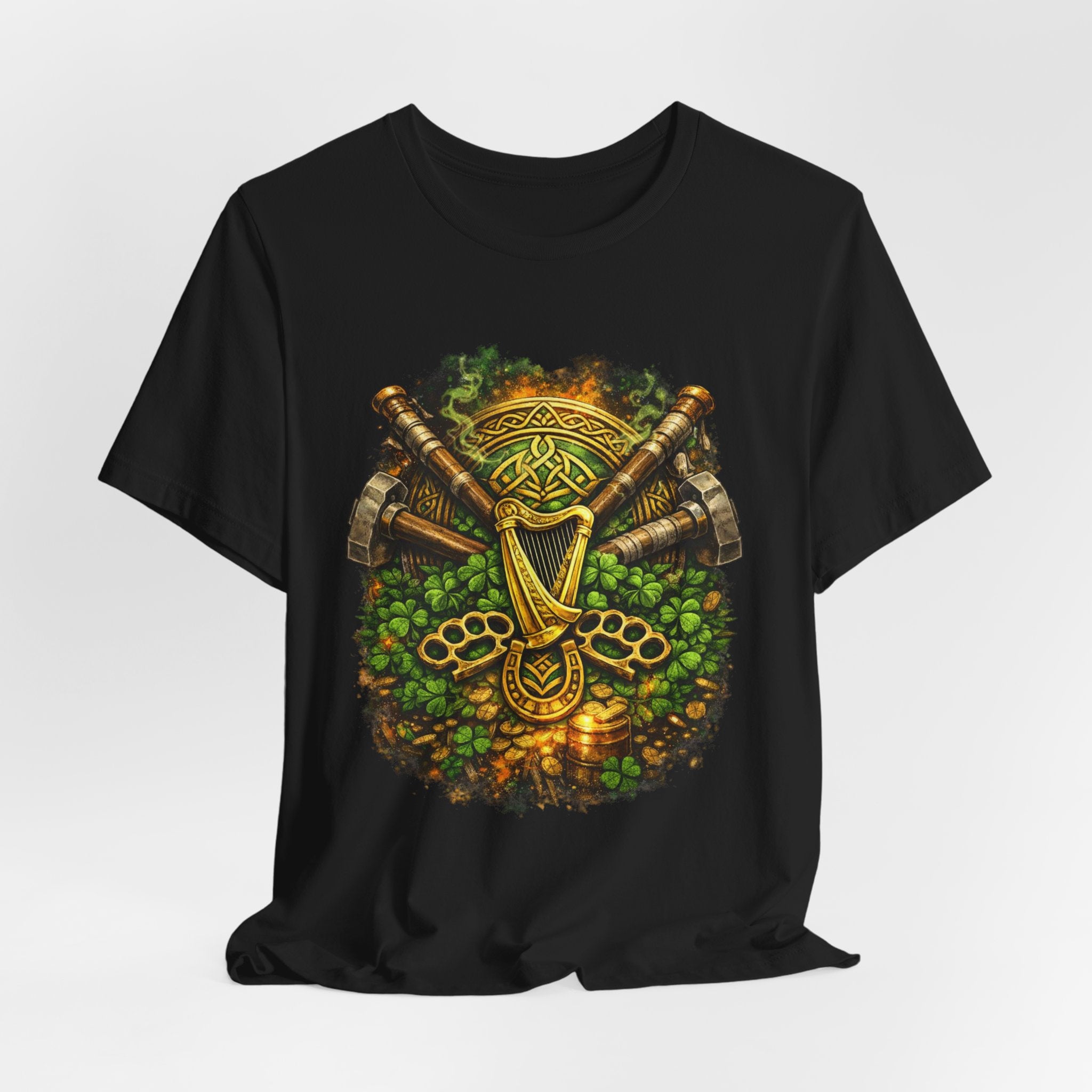 Celtic Harp & Axes T-Shirt — Irish Viking Shamrock Design
