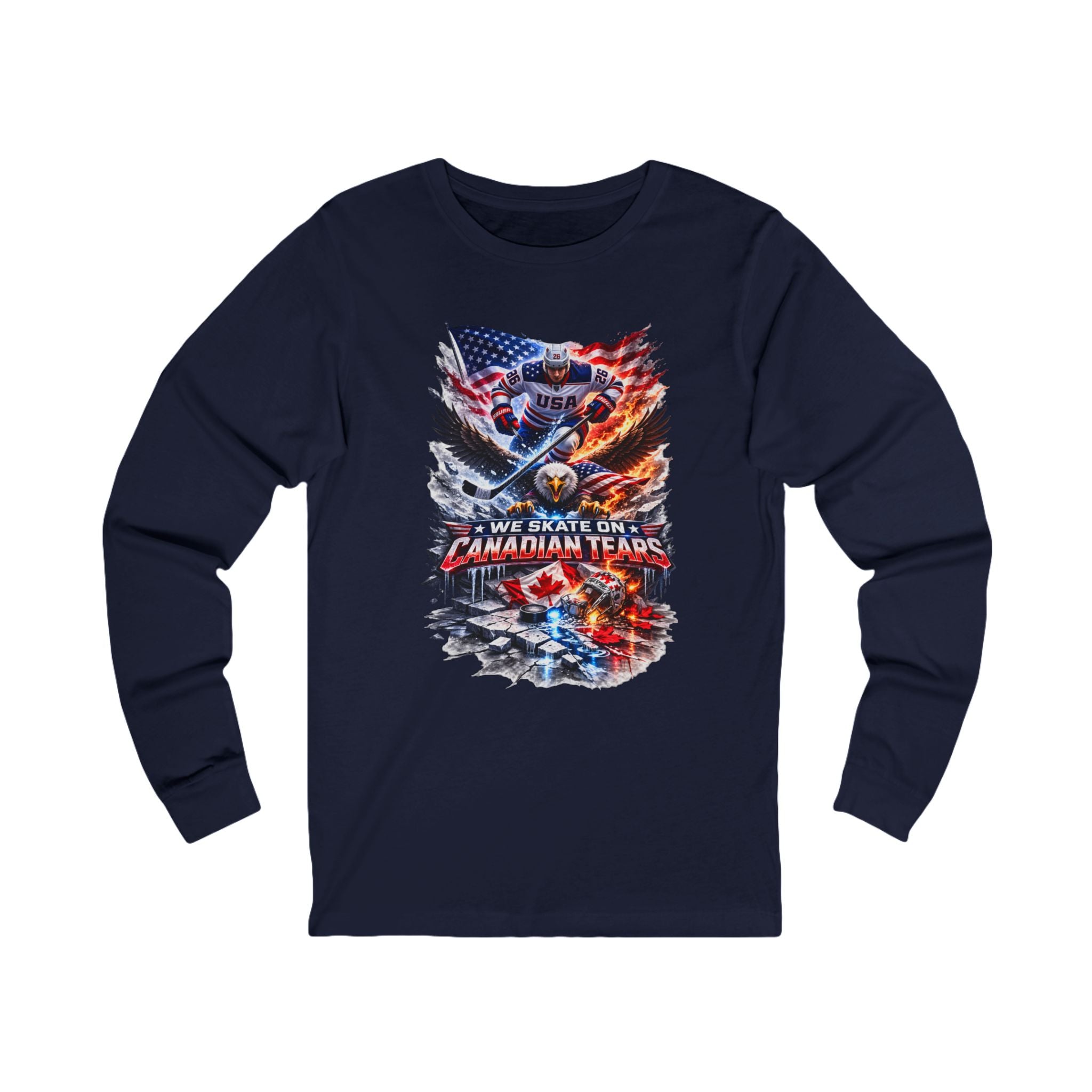 Hockey Player USA Flag Long Sleeve Tee – “We Skate On Canadian Tears” Patriotic Hockey Shirt