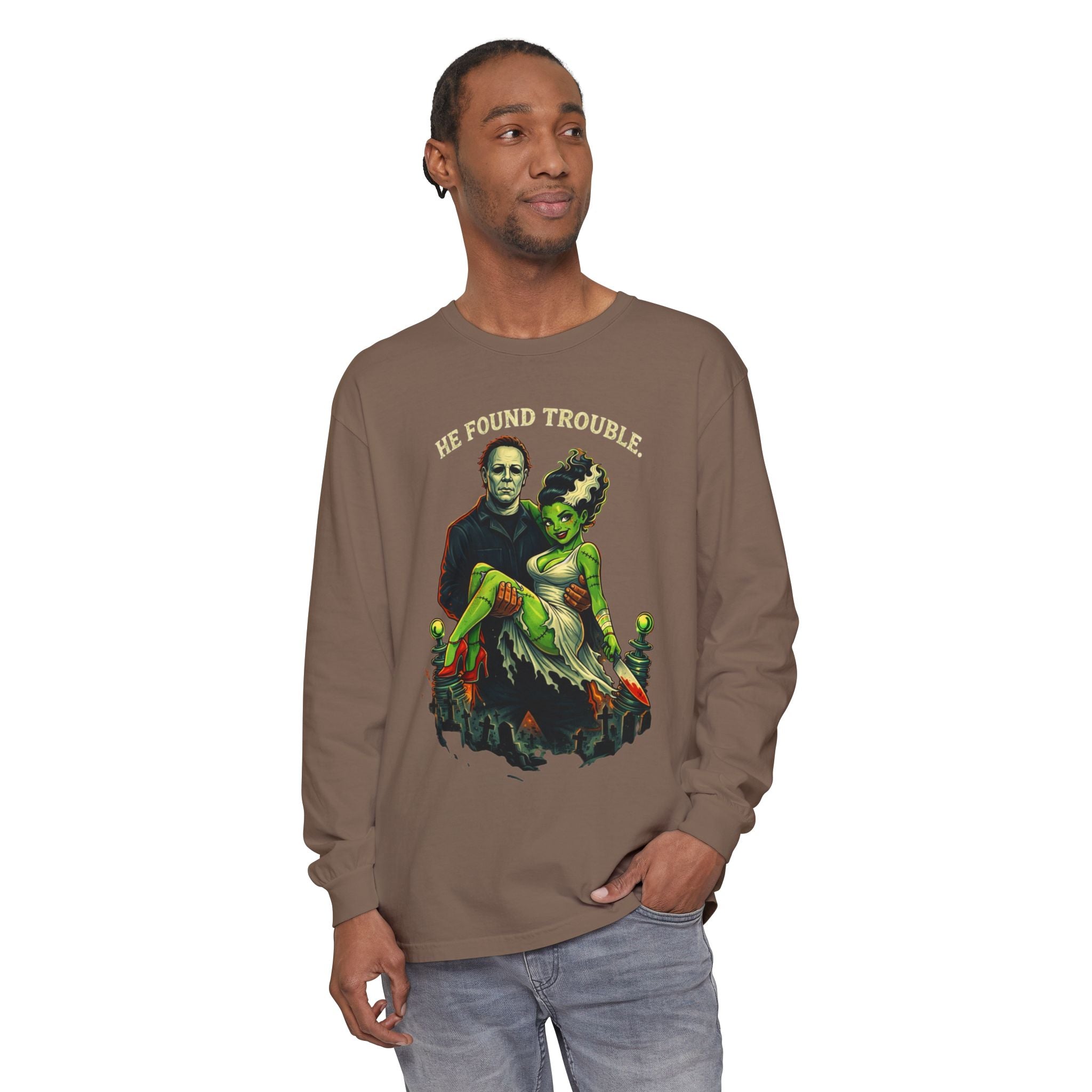 He Found Trouble Long Sleeve T‑Shirt — Retro Frankenstein & Bride Graphic