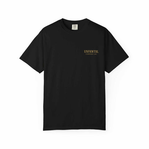 Black Medusa Beauty Unisex T-shirt with minimalist strawberry daiquiri design and UNFKWTBL logo on chest
