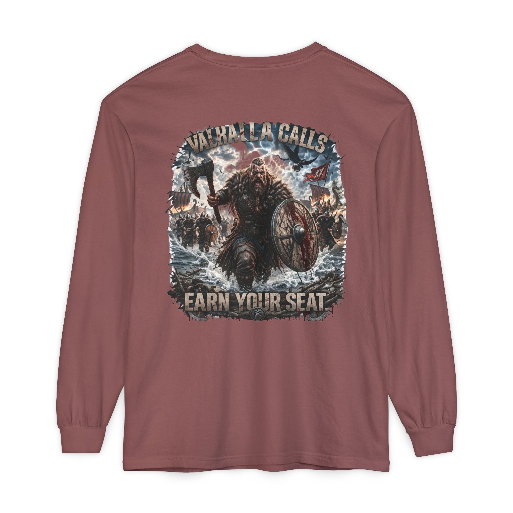 Valhalla Calls Long Sleeve Tee — "Earn Your Seat" Viking Graphic
