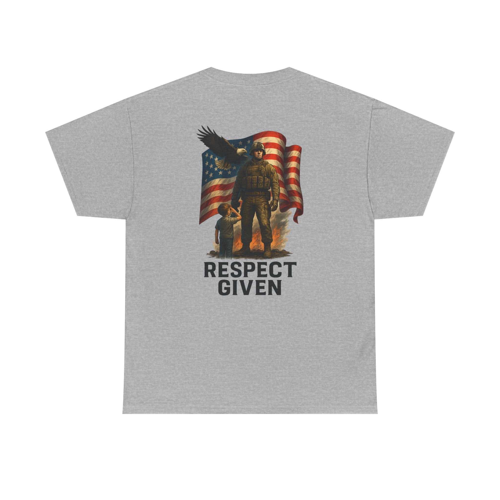 Respect Given Unisex Tee with soldier and American flag graphic on back and small skull emblem on front