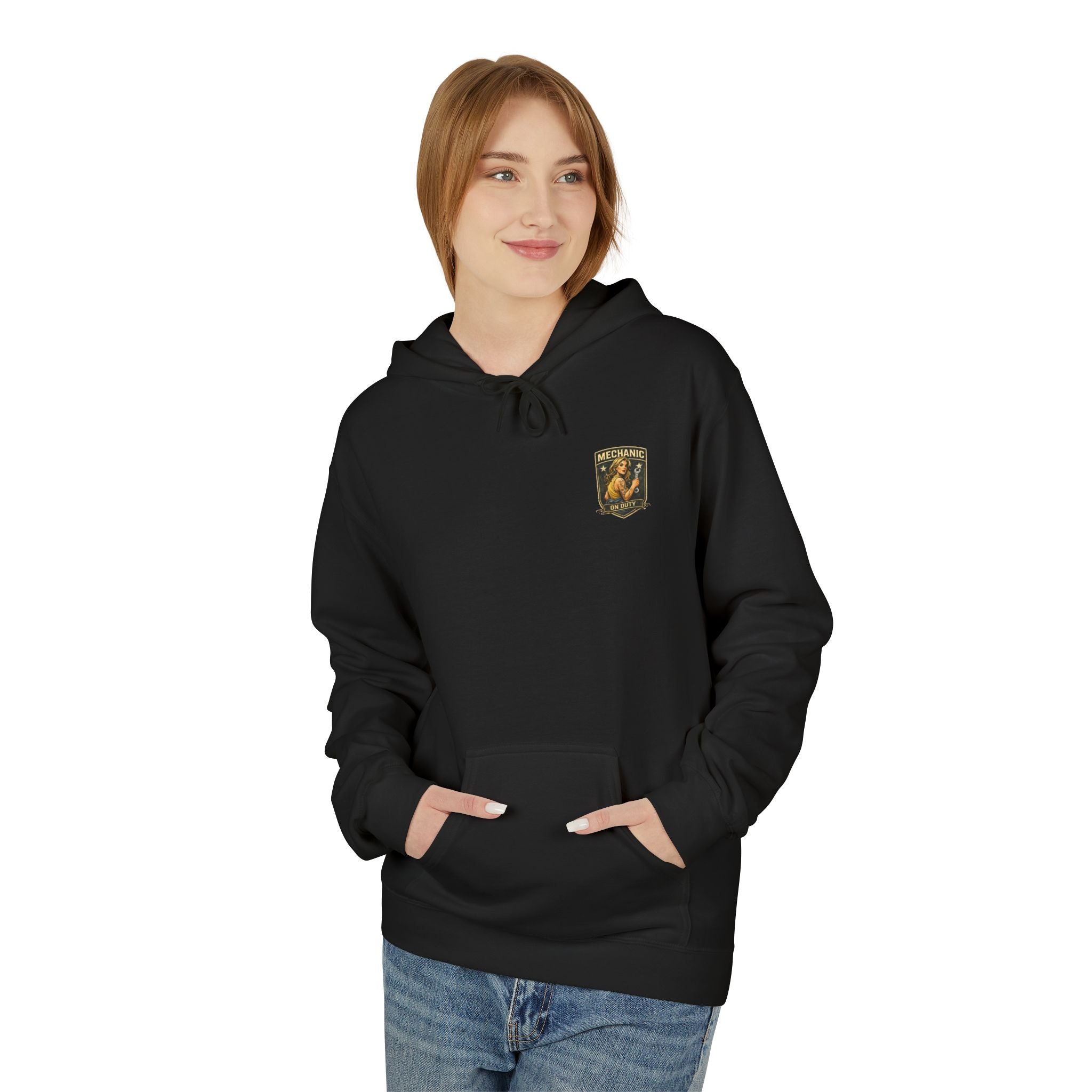 Vintage Pin-Up Motorcycle Hoodie — "Built Different" Garage Logo