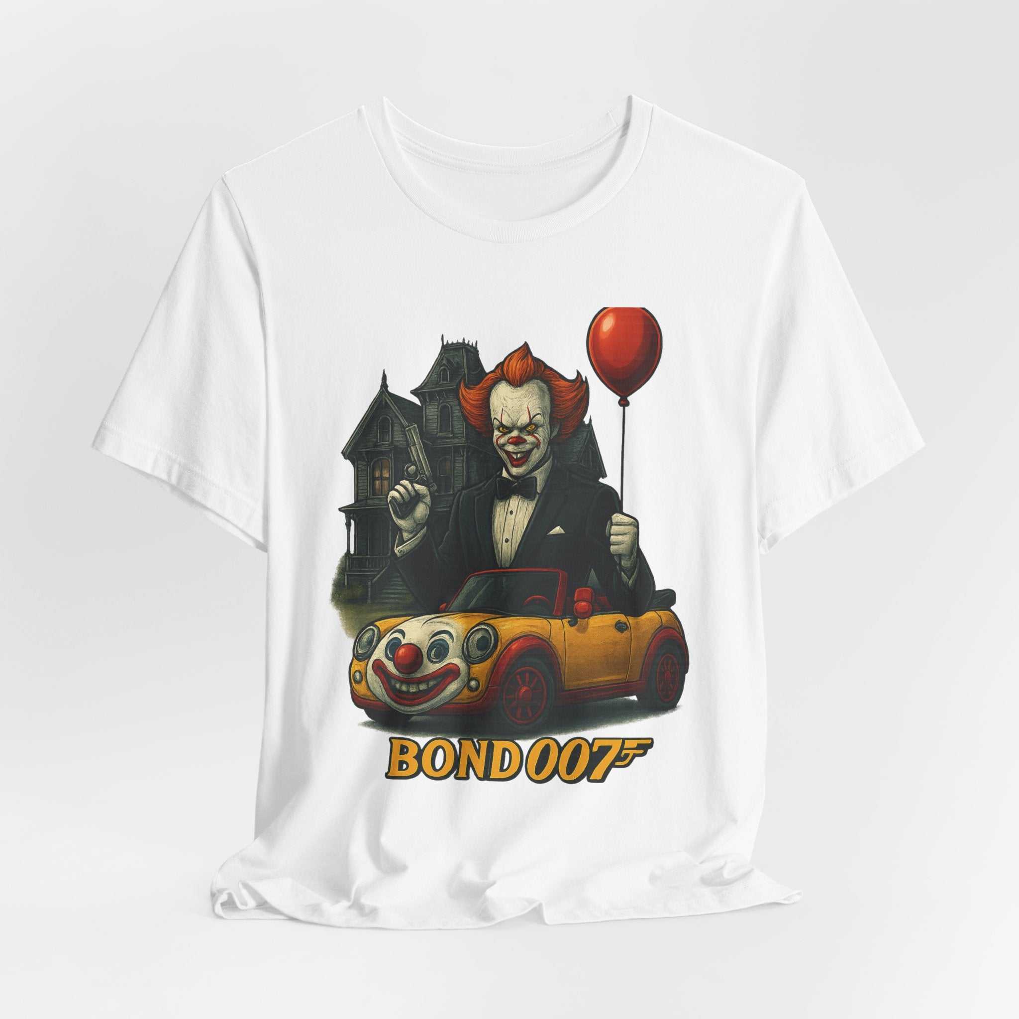 Clown Spy Thriller Tee — "Bond 007" Horror Car Balloon Graphic T-Shirt