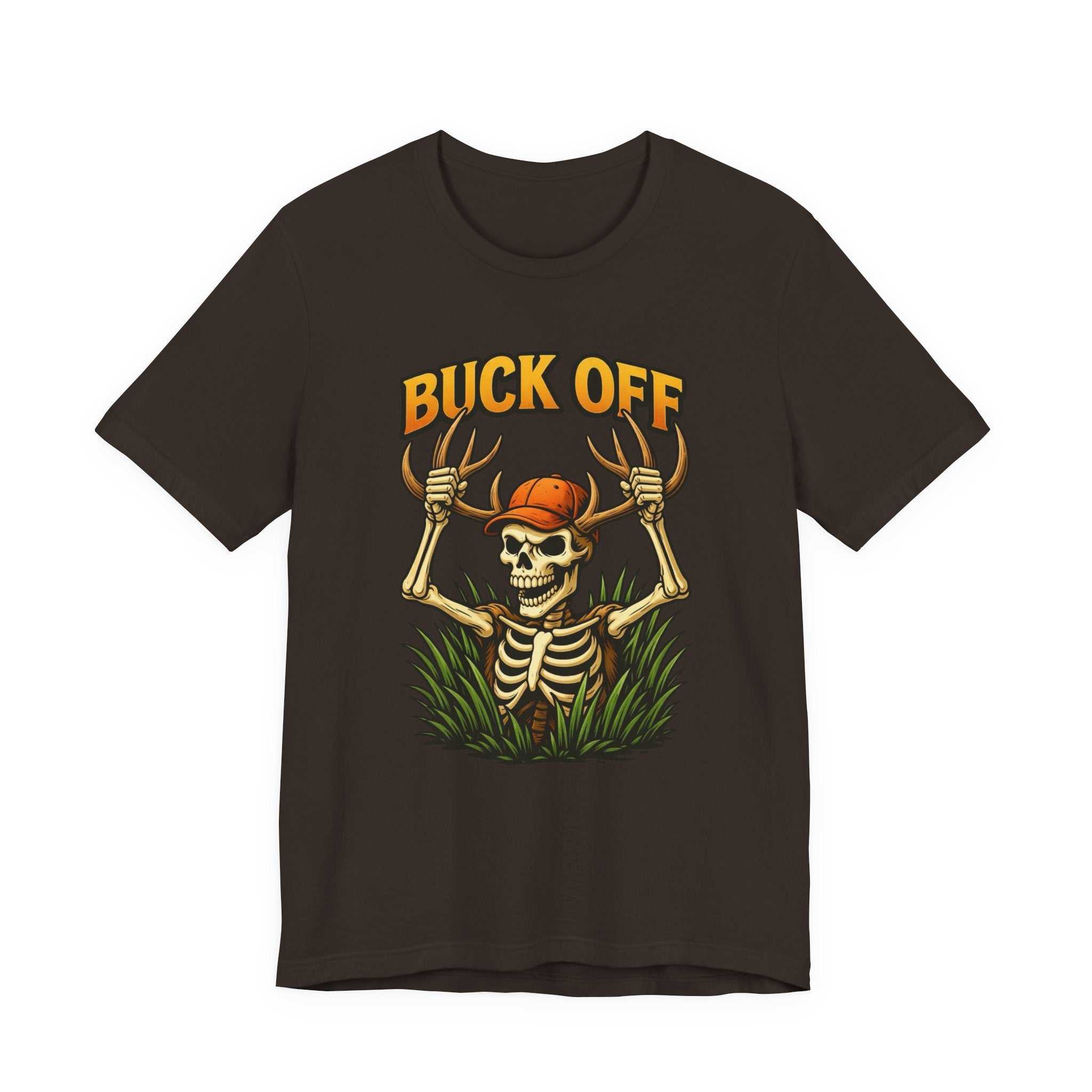 Buck Off Skeleton hunting t-shirt with grinning skeleton and camo design