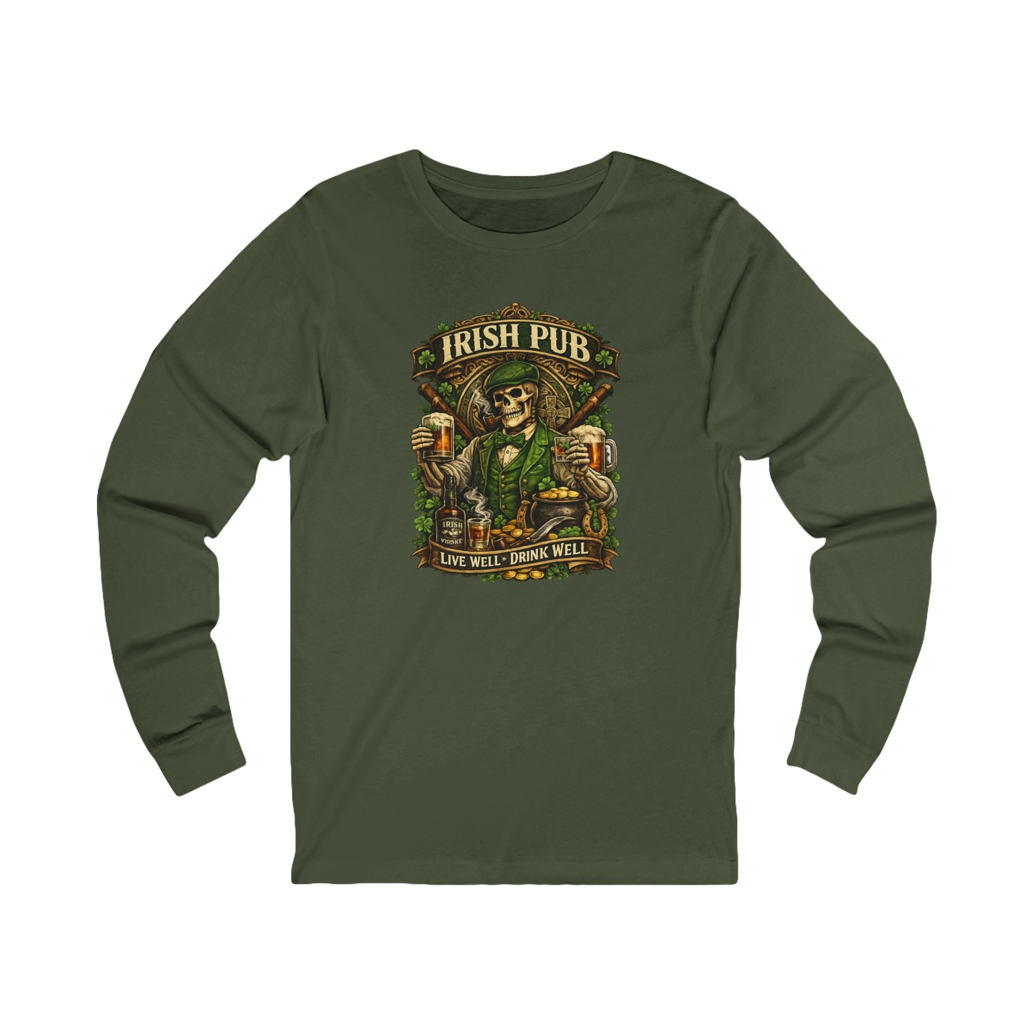 Irish Pub St. Patrick's Day Long Sleeve Tee — 'Irish Pub' Vintage Skull Beer Design