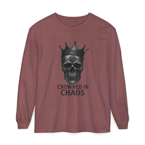 Long sleeve t-shirt with crowned skull and "CROWNED IN CHAOS" text in dark red color