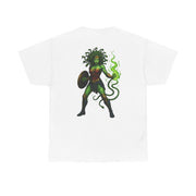 White unisex tee featuring a green Medusa Wonder Woman graphic with shield and glowing serpent design on the back
