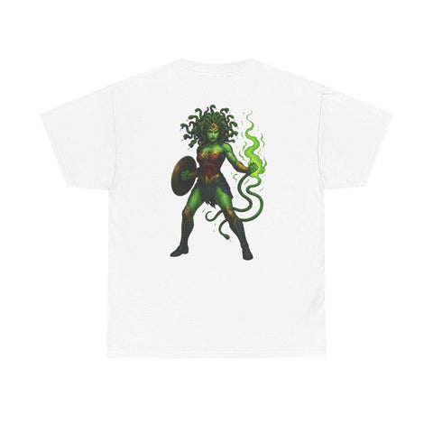 White unisex tee featuring a green Medusa Wonder Woman graphic with shield and glowing serpent design on the back