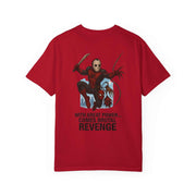 Red unisex Revenge T-shirt featuring Jason Voorhees and Spider-Man graphic with "With great power... comes brutal revenge" text