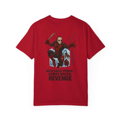 Red unisex Revenge T-shirt featuring Jason Voorhees and Spider-Man graphic with "With great power... comes brutal revenge" text