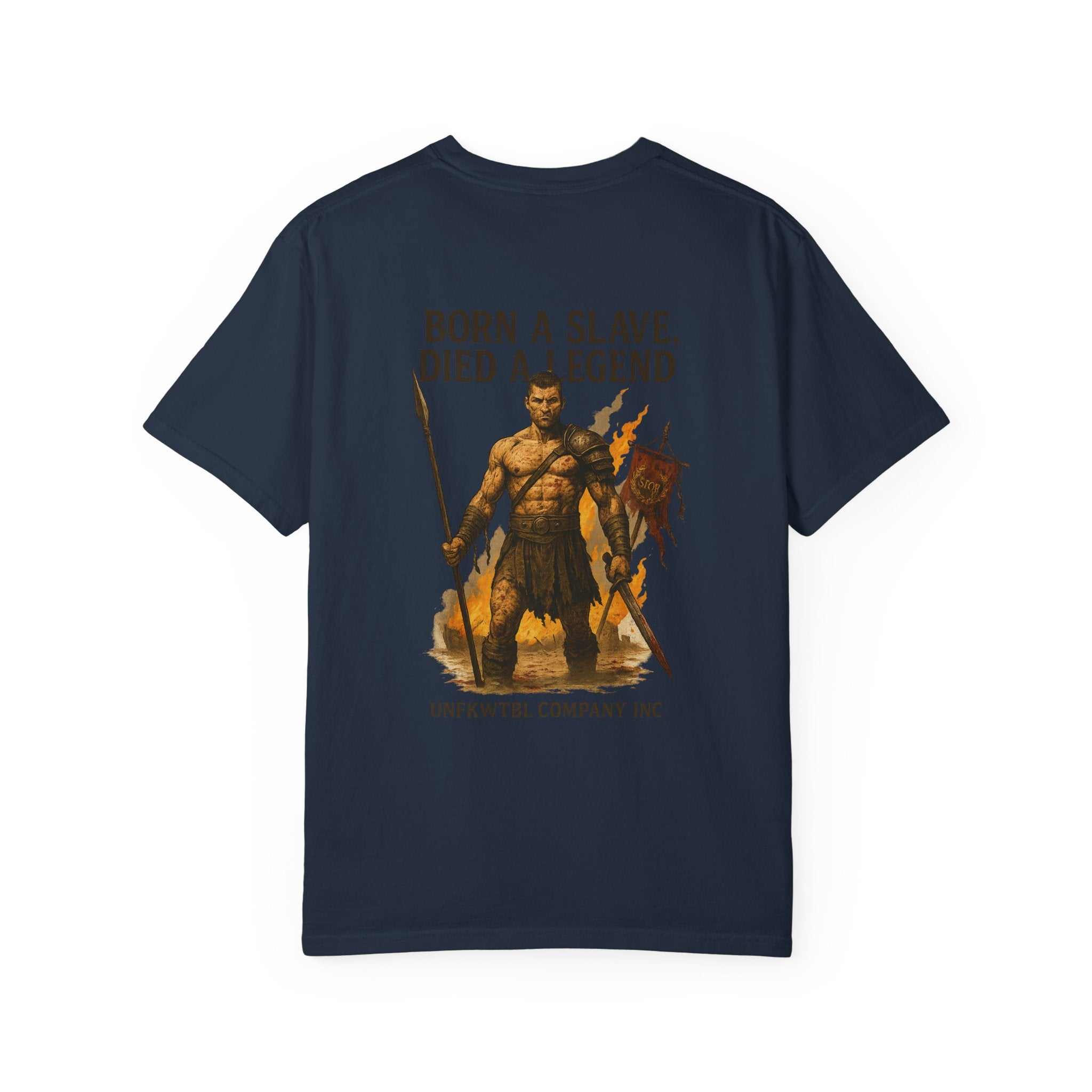 Unisex garment-dyed t-shirt in navy with gladiator graphic and motivational text "Born a Slave, Died a Legend" on the back