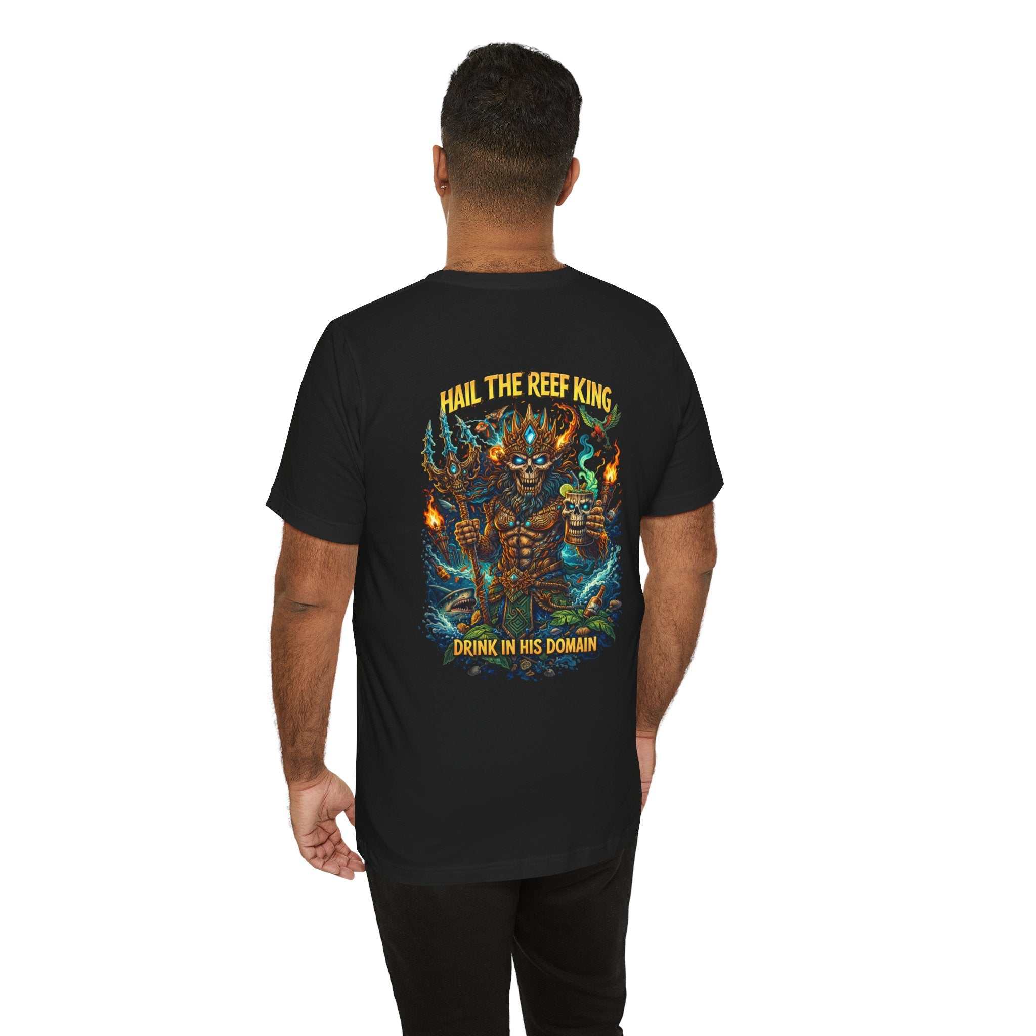 Hail the Reef King graphic tee featuring oceanic fantasy reef king design with trident and coral elements on soft cotton shirt