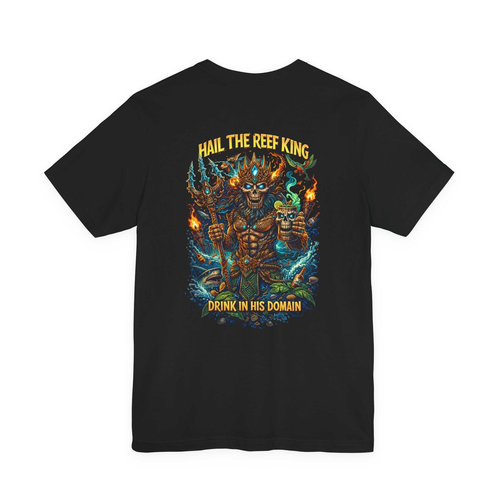 Hail the Reef King T-shirt featuring oceanic fantasy sea king graphic with coral reef, trident, and mythic sea monster design on soft cotton tee