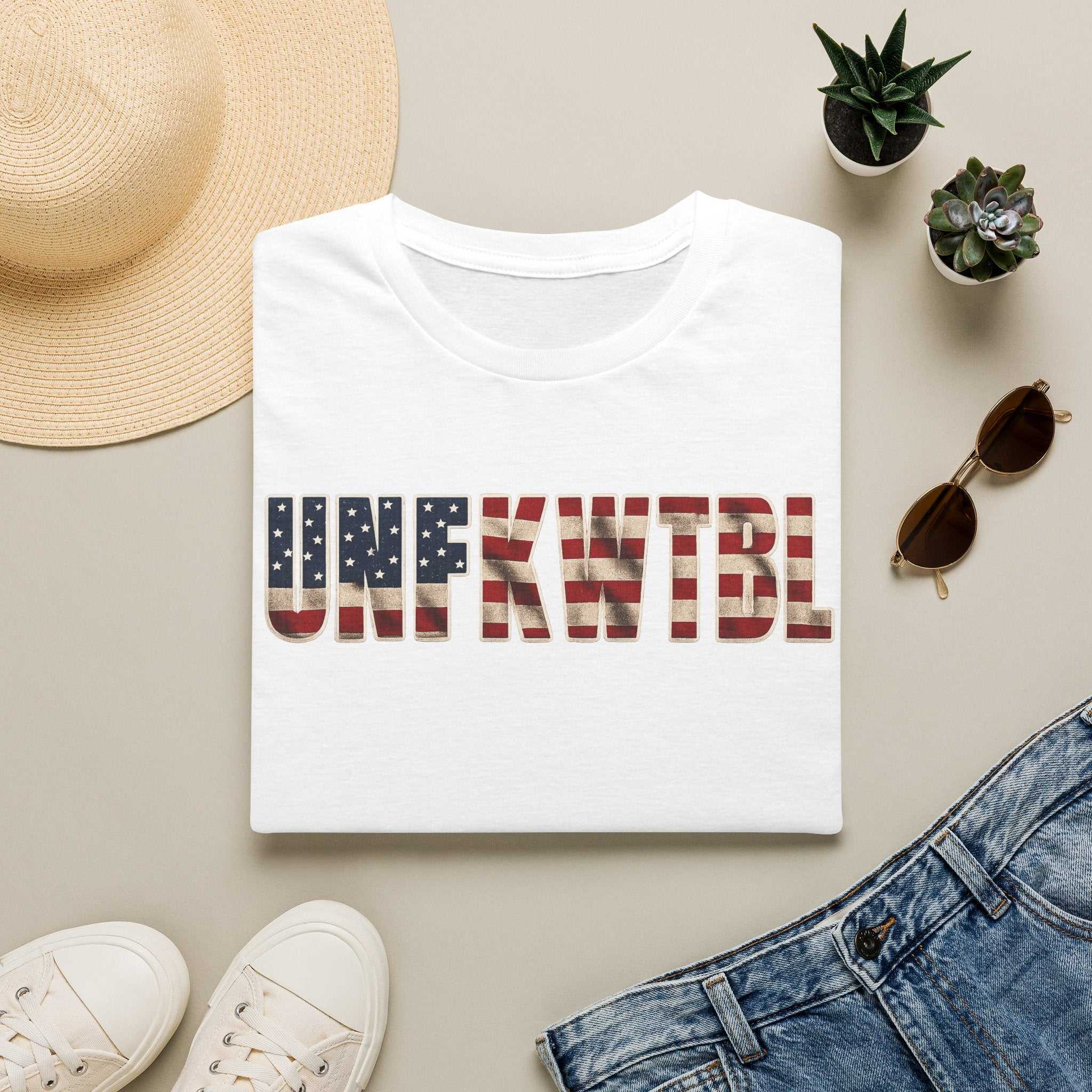 Unfkwtbl Graphic Tee — Bold American Flag Lettering T-Shirt
