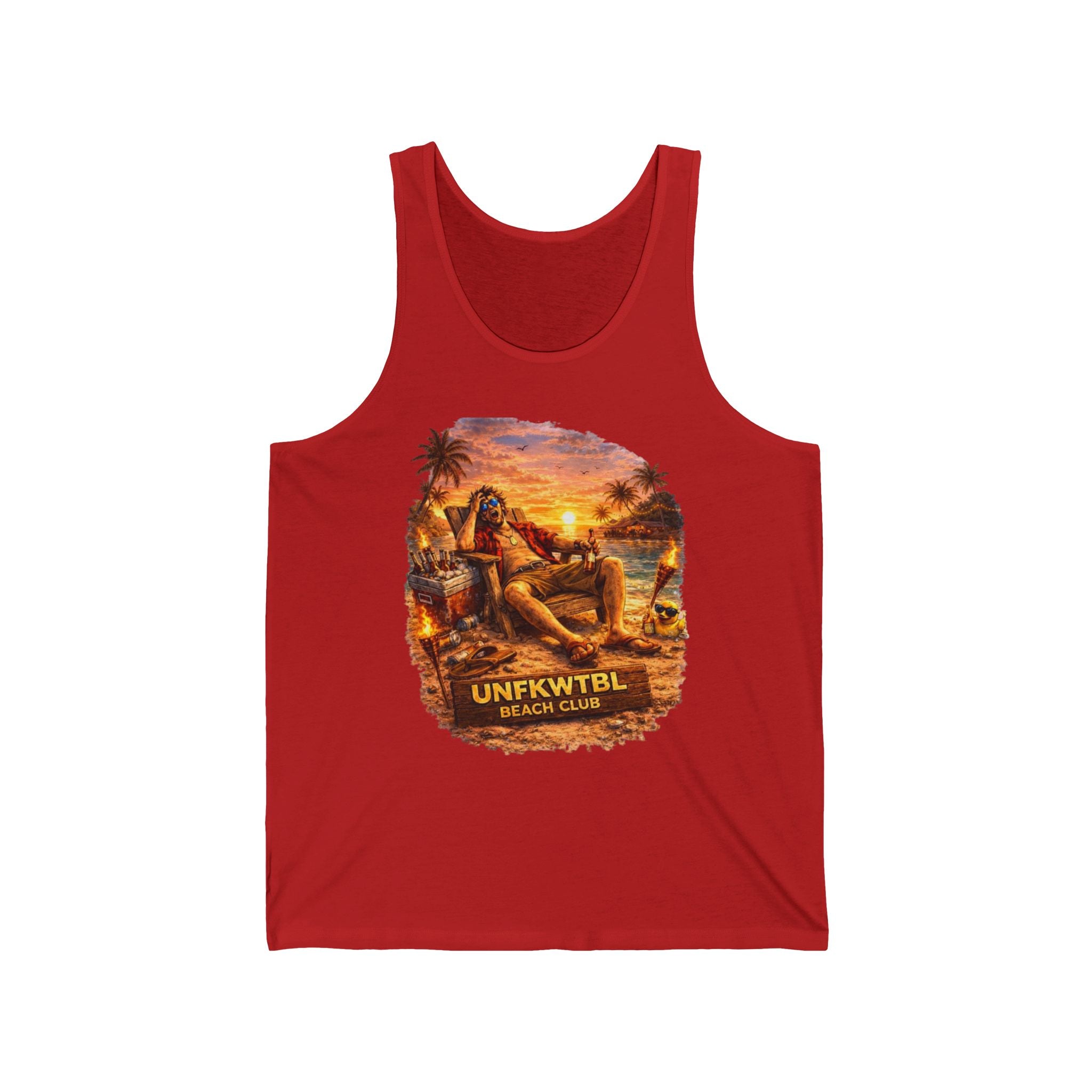 Beach Club Sunset Tank Top — 'UNFKWTBL' Retro Tropical Graphic