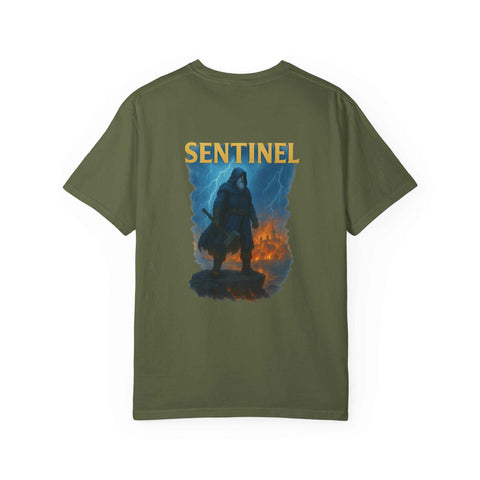 Sentinel how it began T-shirt with vintage badge design on olive green fabric, casual street style tee