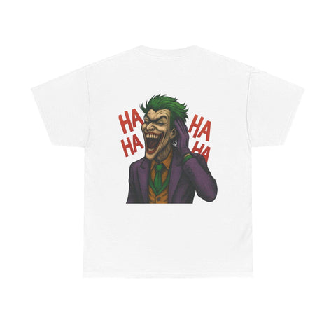 White UNFKWTBL JOKER t-shirt with colorful Joker graphic laughing and "HA HA HA" text on back