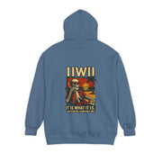 Blue unisex garment-dyed hoodie with skeleton graphic and IIWII text on back