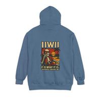 Blue unisex garment-dyed hoodie with skeleton graphic and IIWII text on back