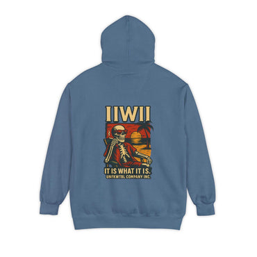Blue unisex garment-dyed hoodie with skeleton graphic and IIWII text on back