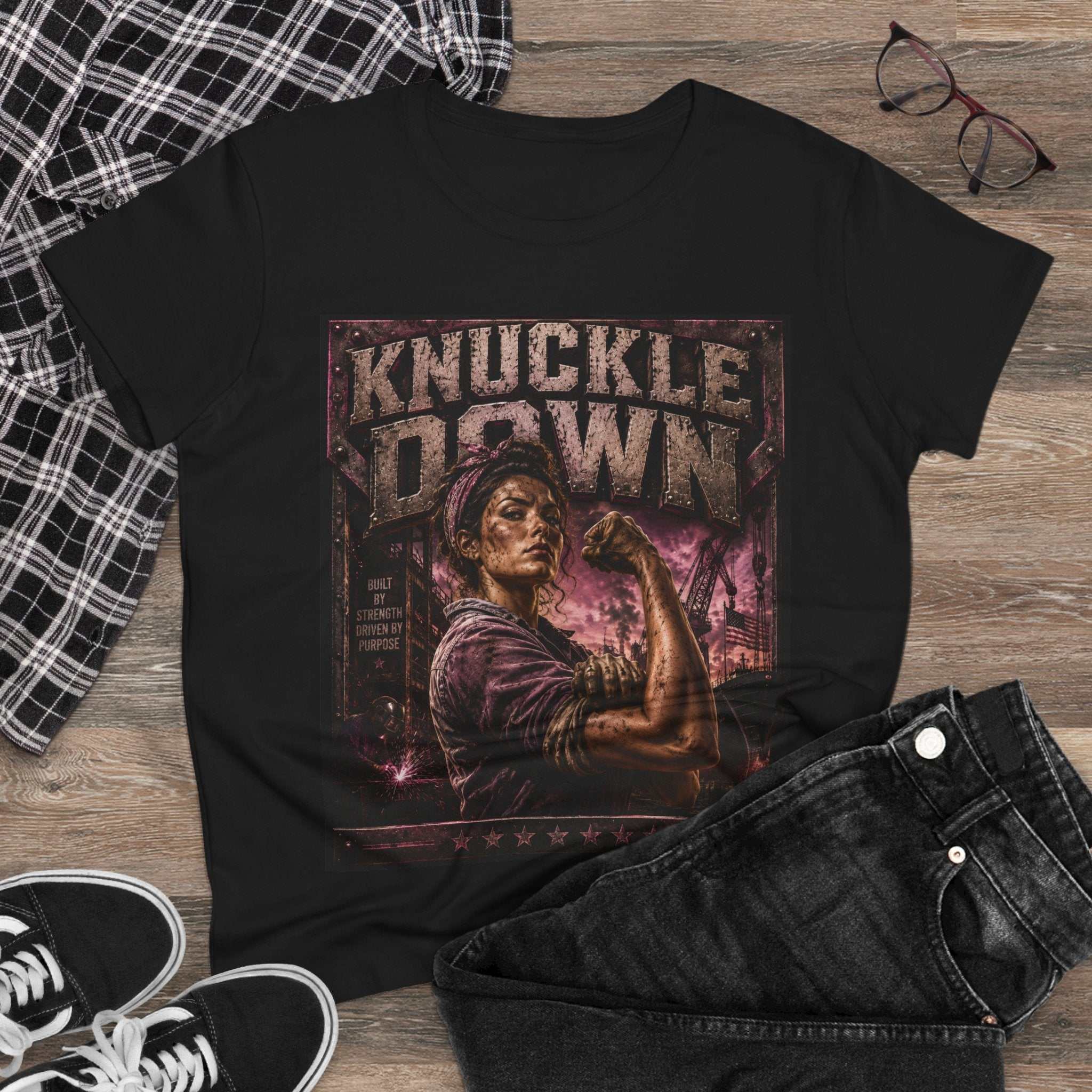 Knuckle Down Women's T‑Shirt featuring Rosie-inspired strong woman graphic with distressed vintage design on midweight cotton tee