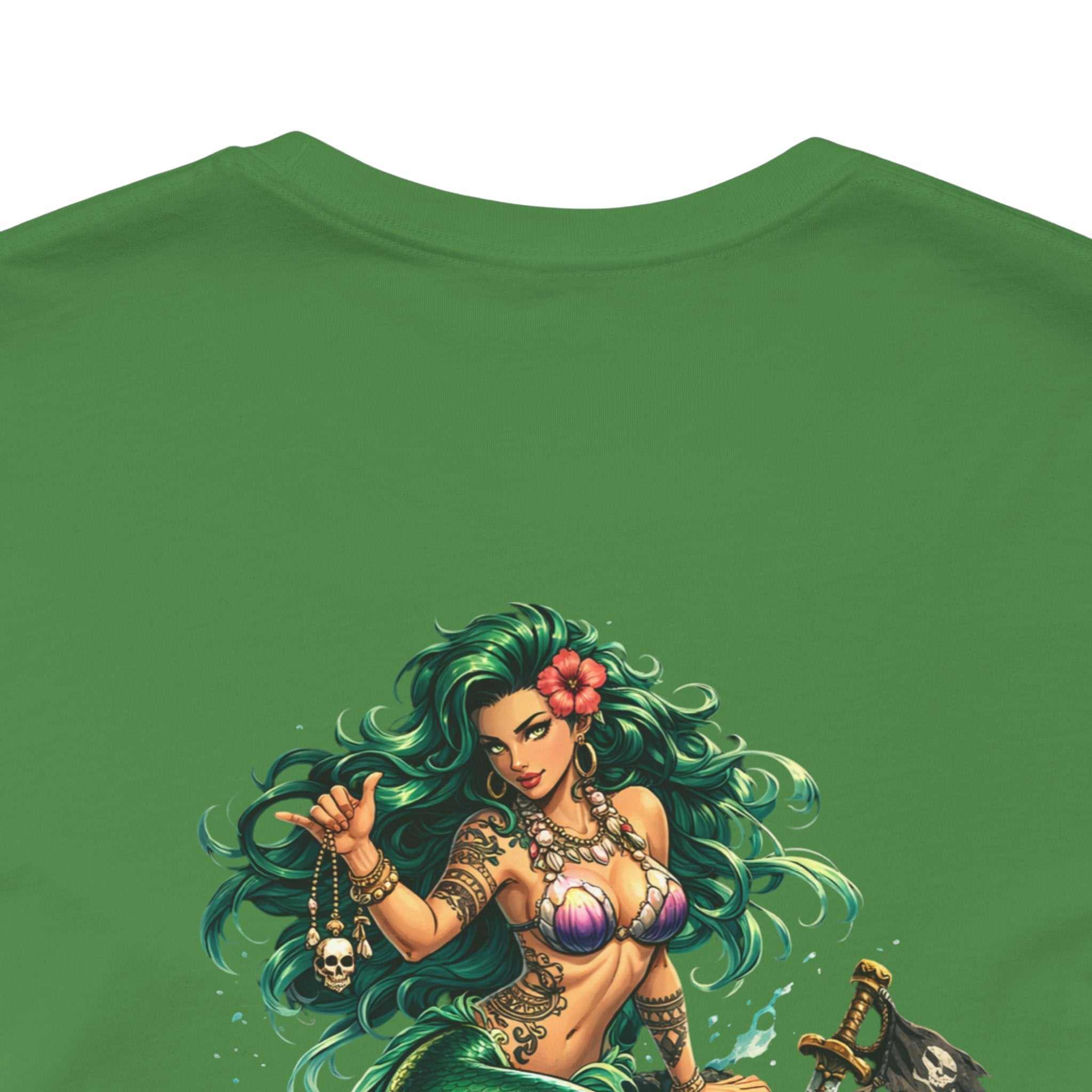 Vintage green Mermaid Skull Art Tee featuring detailed mermaid skull graphic on soft cotton shirt