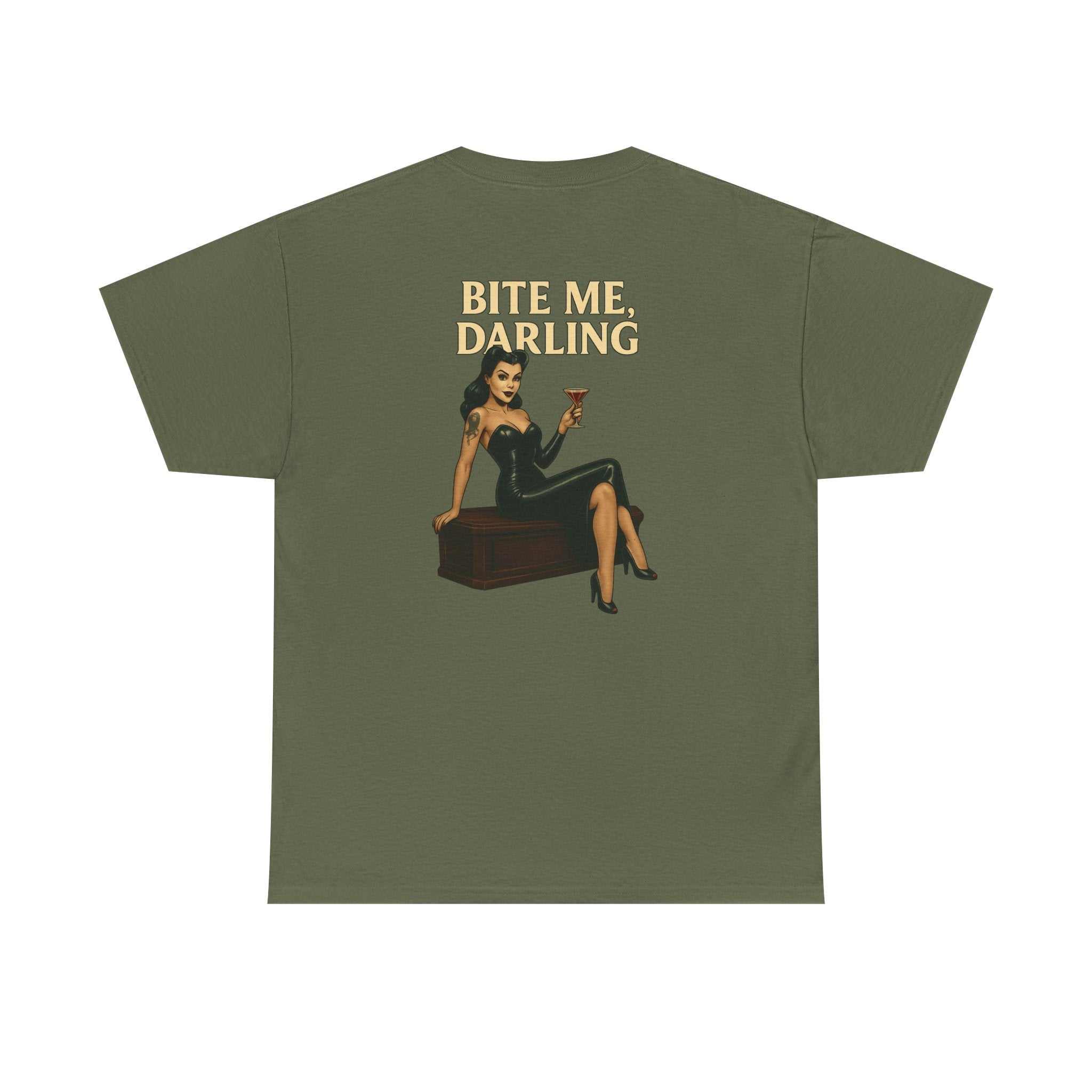 Unisex black T-shirt with Dracula's Queen vampire graphic and "Bite Me" text, made of heavy cotton, perfect for Halloween and gothic events.