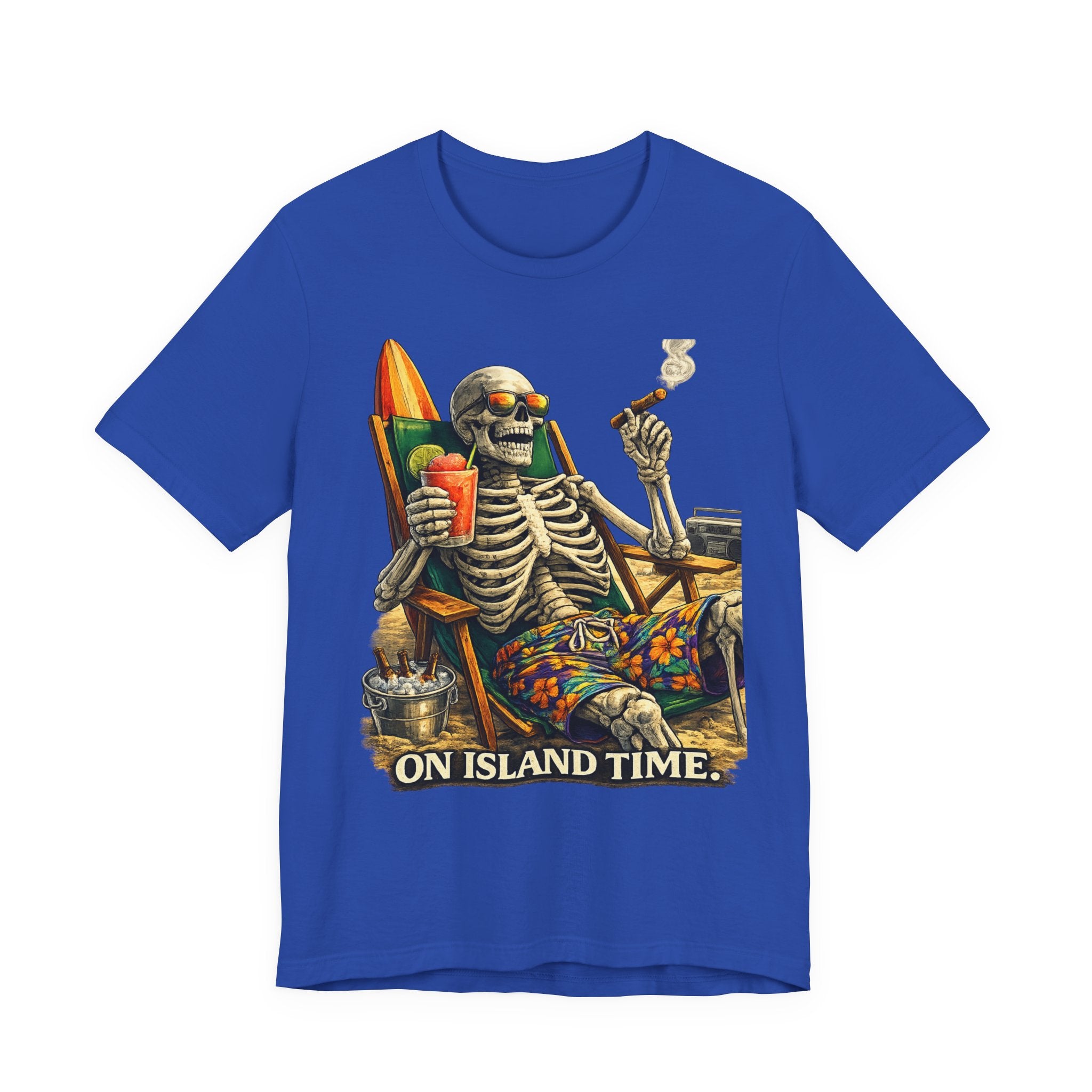 Skeleton Beach Tee — "On Island Time" Tropical Skull Vacation T-Shirt